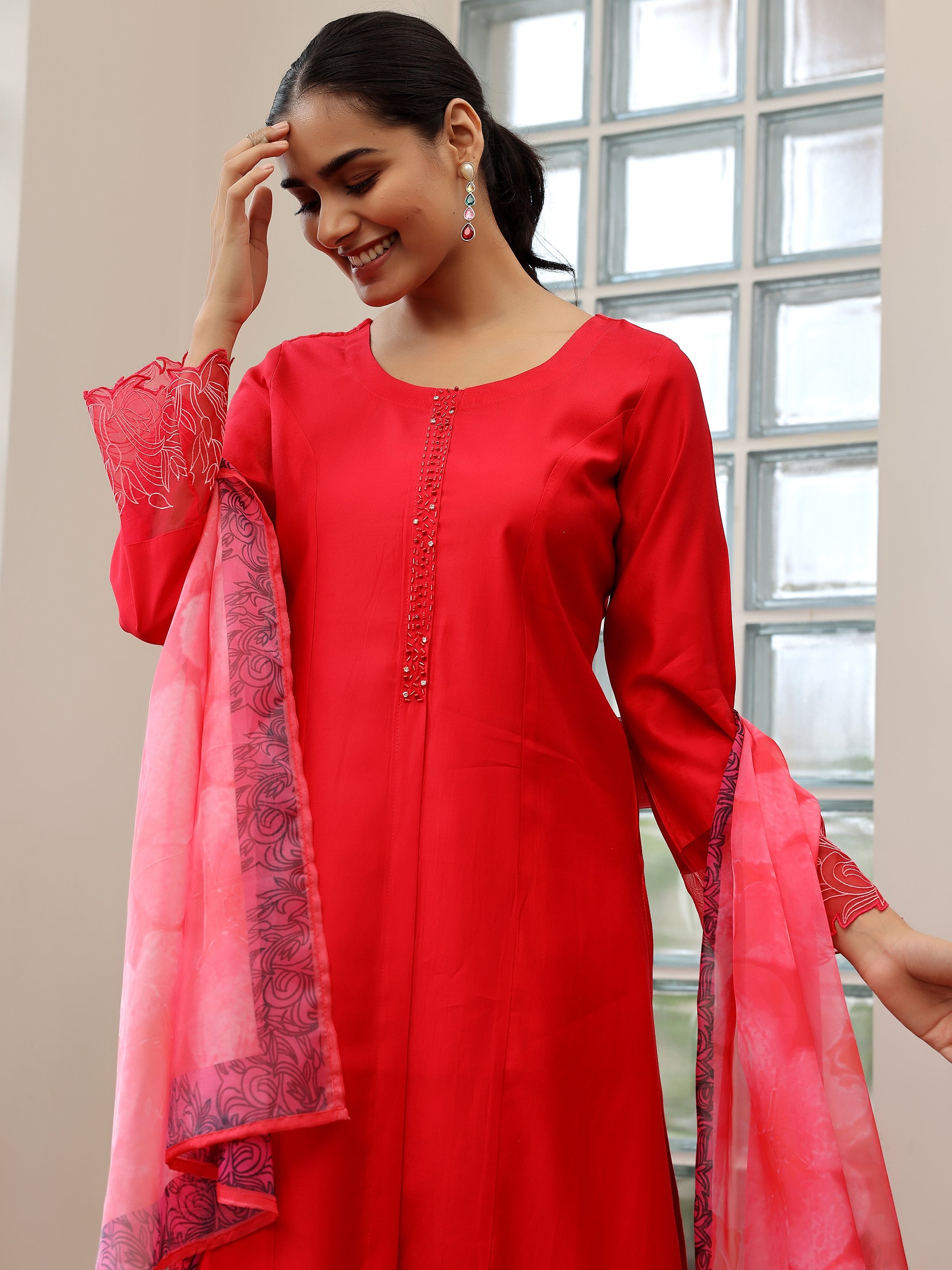 Red Yoke Design Silk Blend Straight Suit With Dupatta