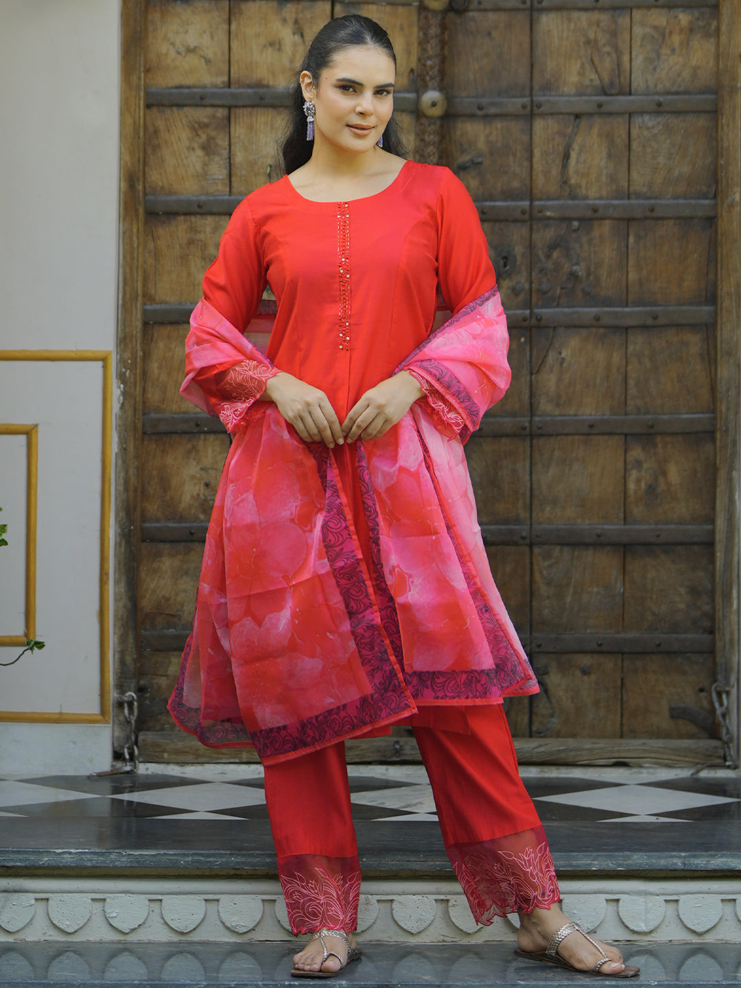 Red Yoke Design Silk Blend Straight Suit With Dupatta