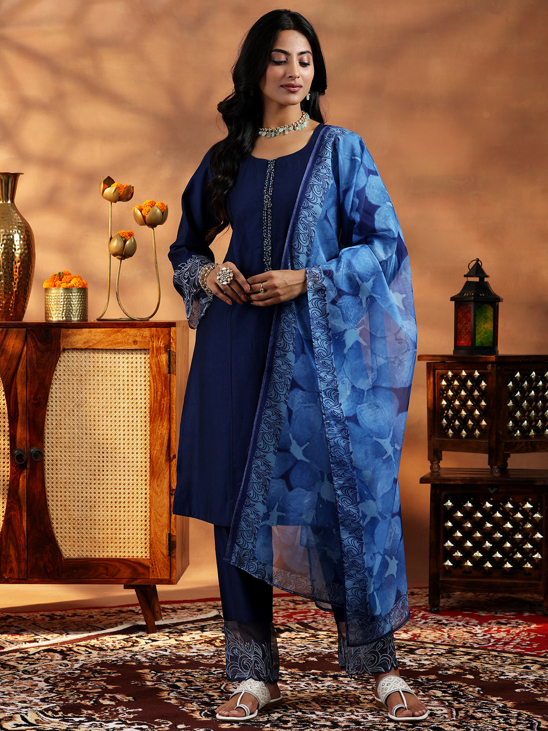 Blue Yoke Design Silk Blend Straight Suit With Dupatta