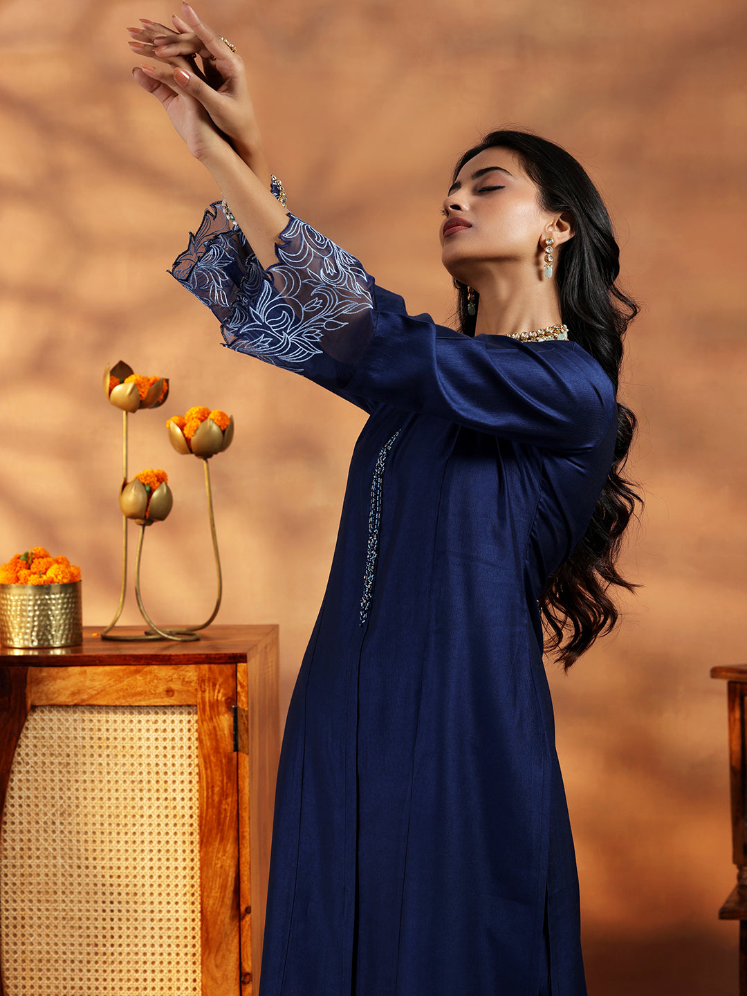 Blue Yoke Design Silk Blend Straight Suit With Dupatta