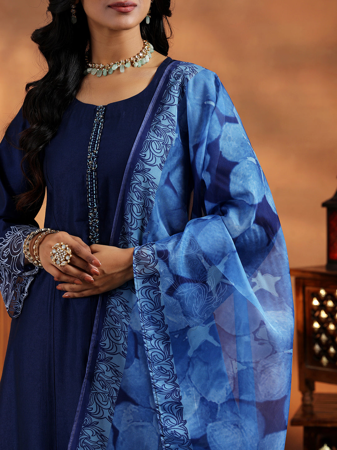 Blue Yoke Design Silk Blend Straight Suit With Dupatta