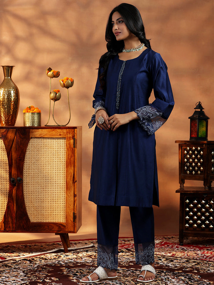 Blue Yoke Design Silk Blend Straight Suit With Dupatta