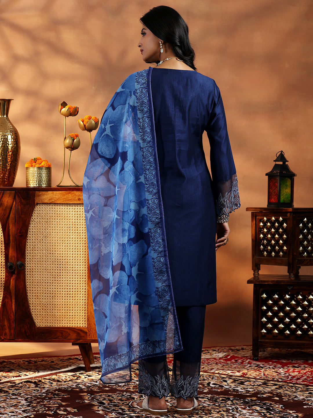 Blue Yoke Design Silk Blend Straight Suit With Dupatta