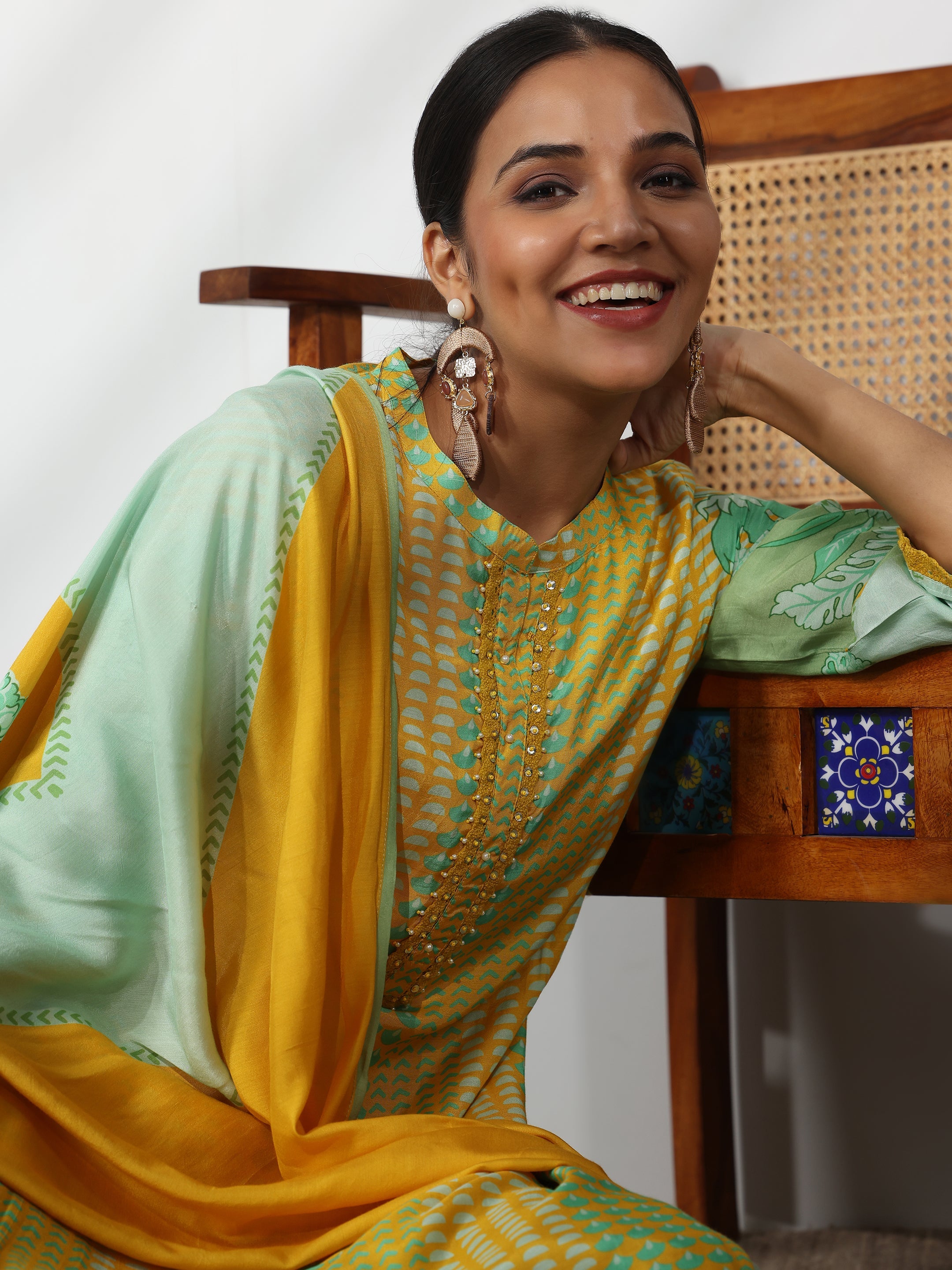 Yellow Printed Cotton Blend Straight Suit With Dupatta