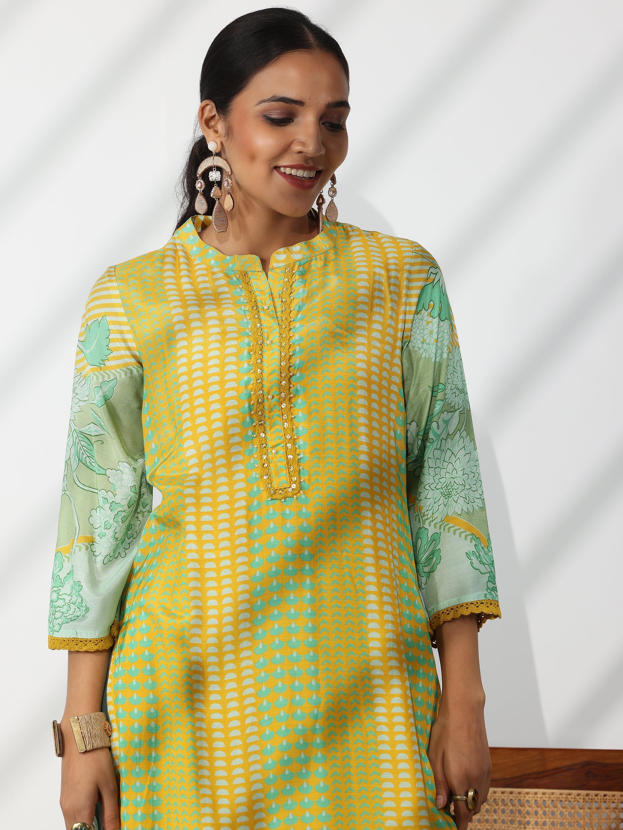 Yellow Printed Cotton Blend Straight Suit With Dupatta