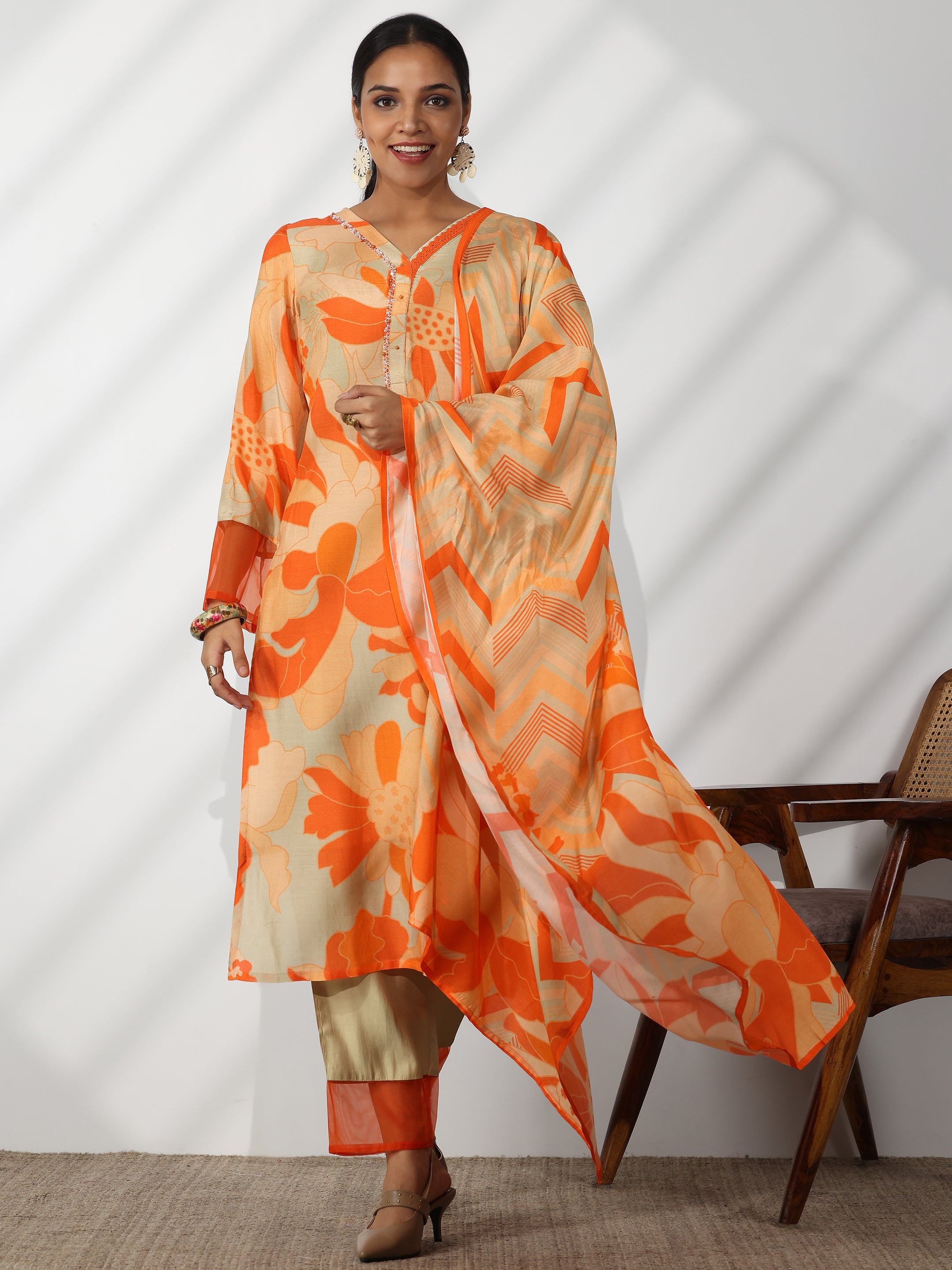 Grey Printed Cotton Blend Straight Suit With Dupatta