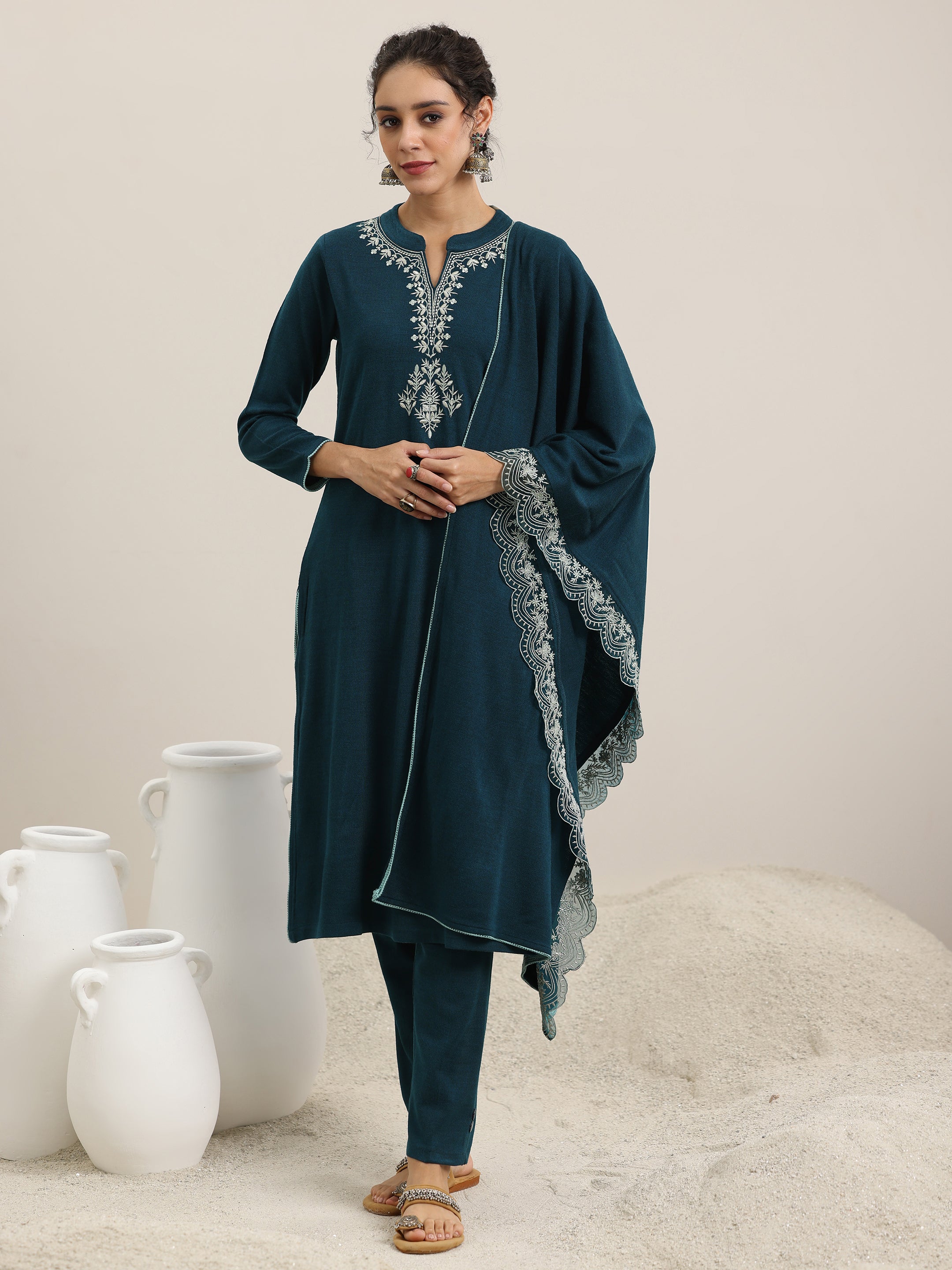 Teal Yoke Design Wool Blend Straight Suit With Dupatta