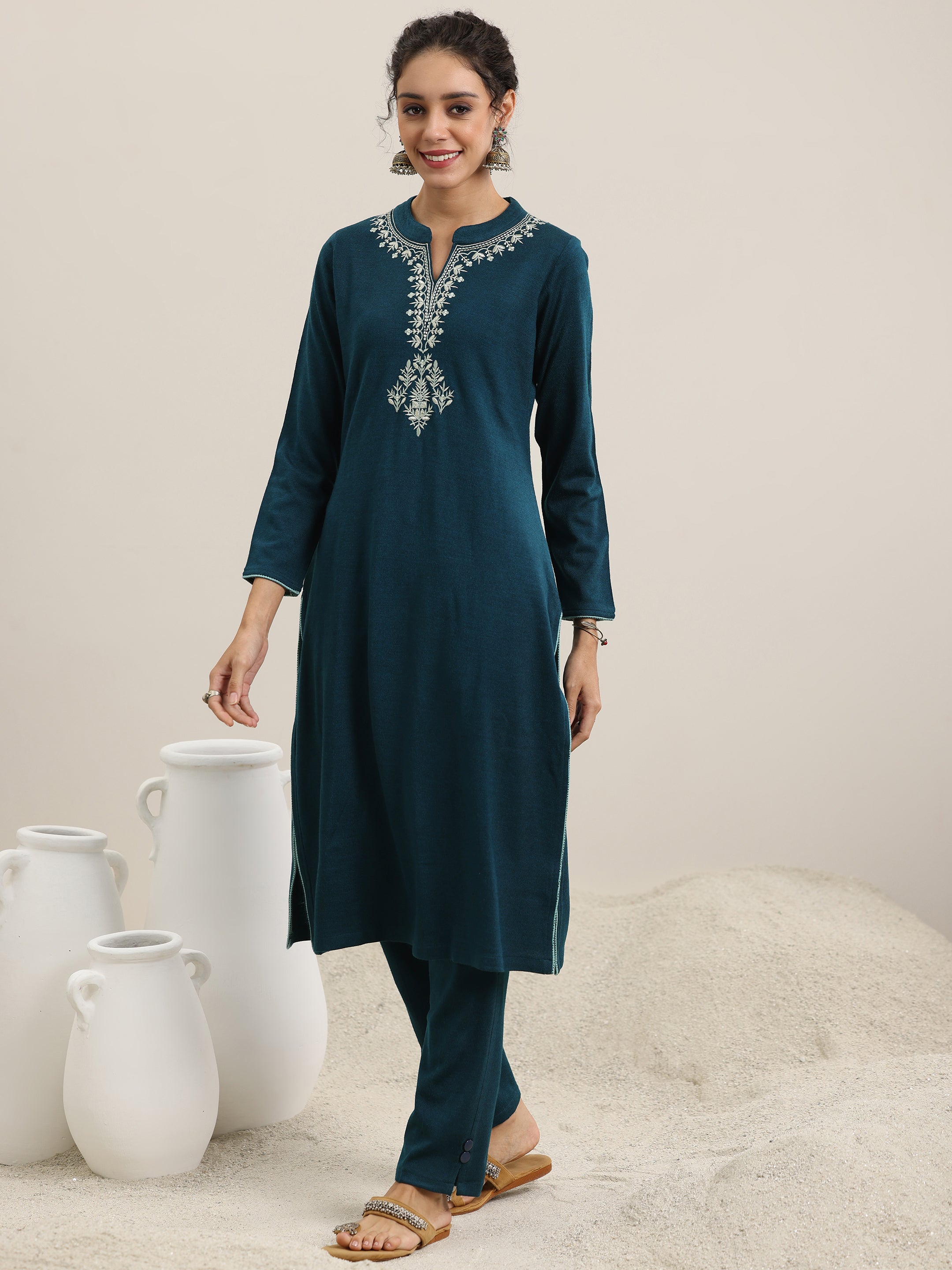 Teal Yoke Design Wool Blend Straight Suit With Dupatta