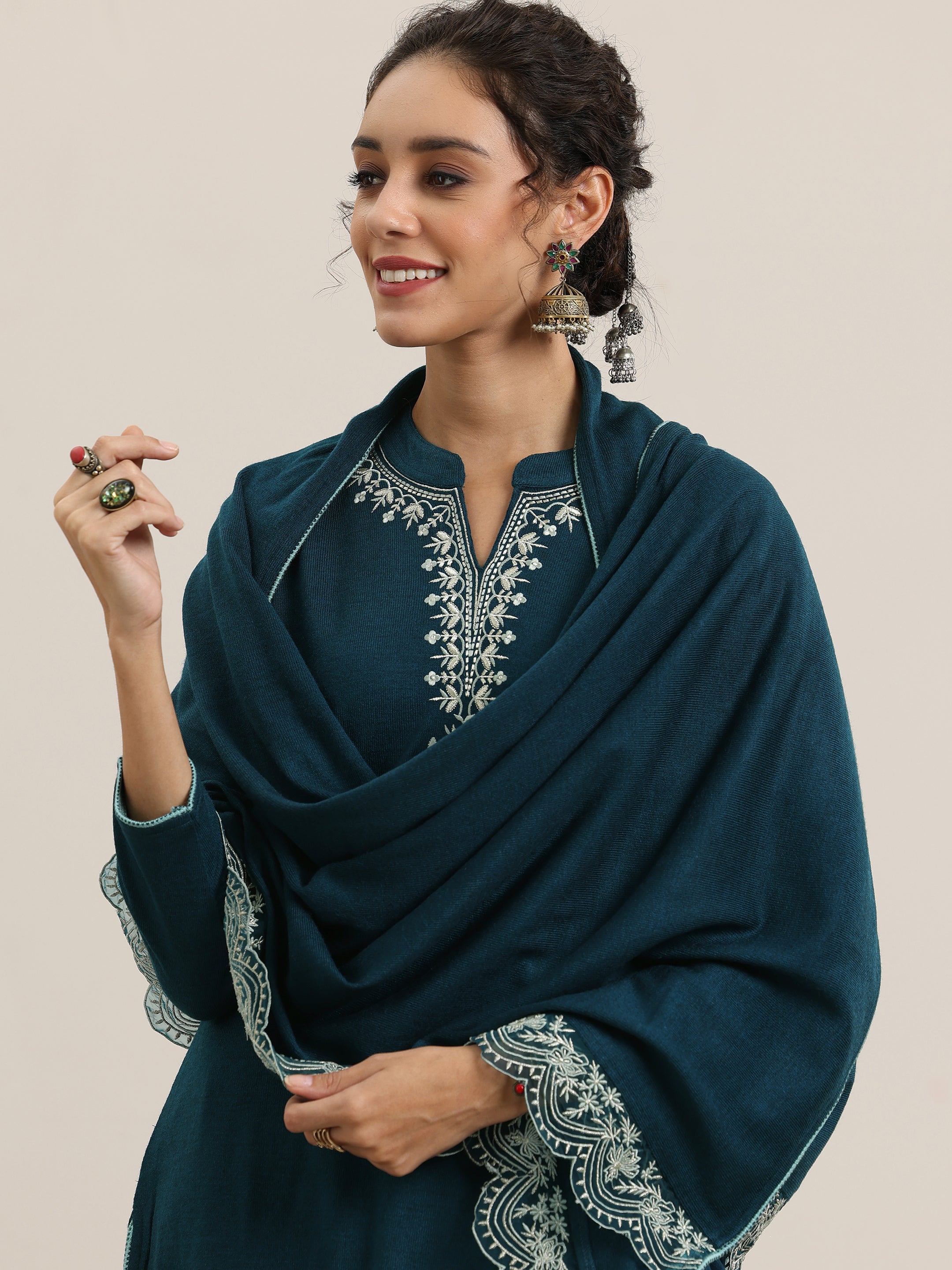 Teal Yoke Design Wool Blend Straight Suit With Dupatta