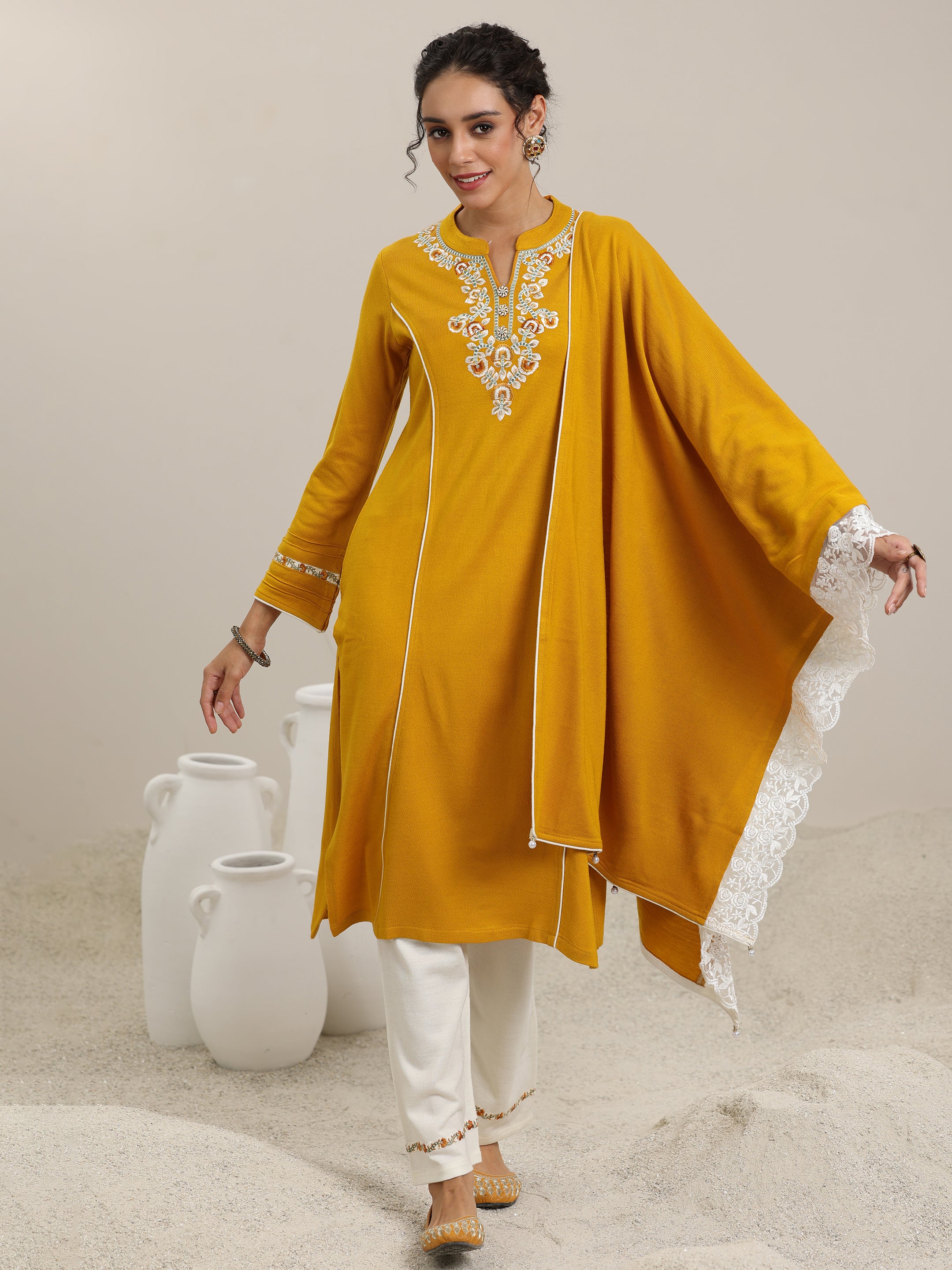 Mustard Yoke Design Wool Blend Straight Suit With Dupatta