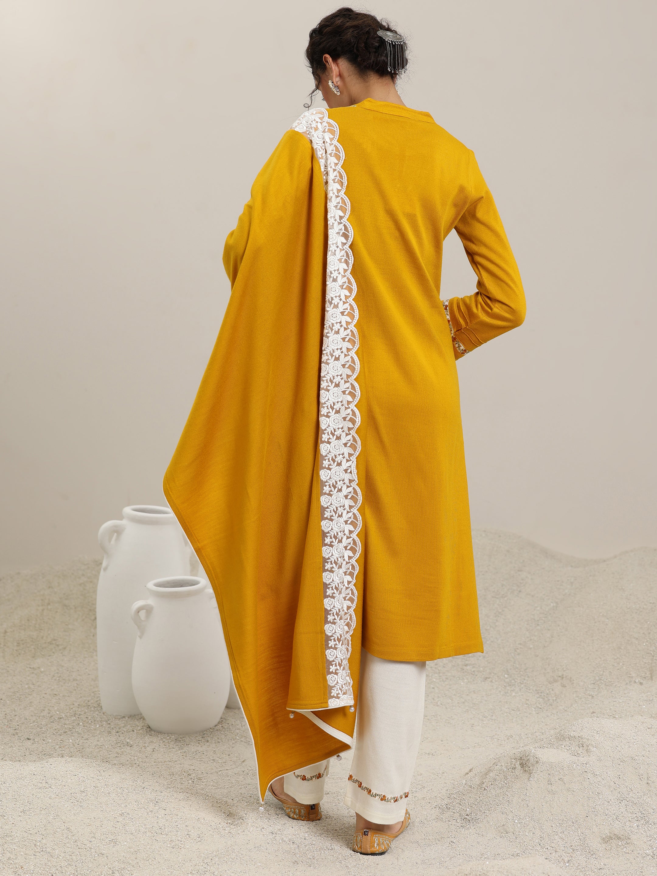 Mustard Yoke Design Wool Blend Straight Suit With Dupatta