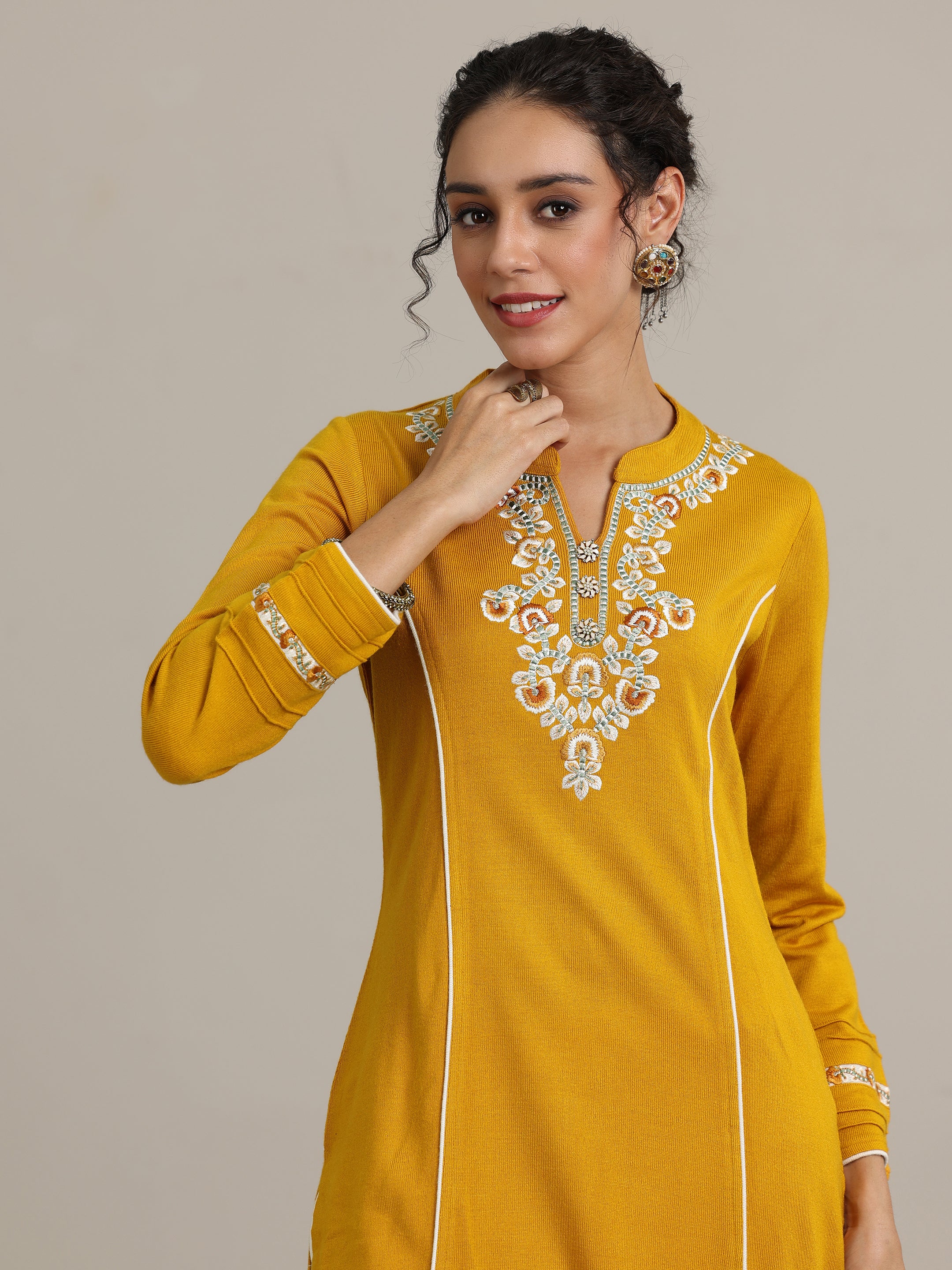 Mustard Yoke Design Wool Blend Straight Suit With Dupatta