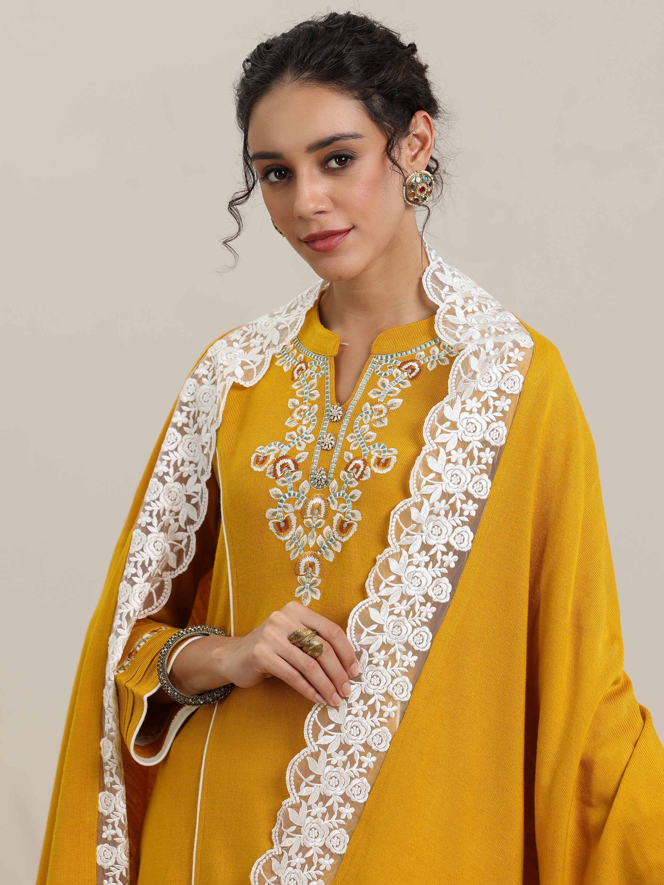 Mustard Yoke Design Wool Blend Straight Suit With Dupatta