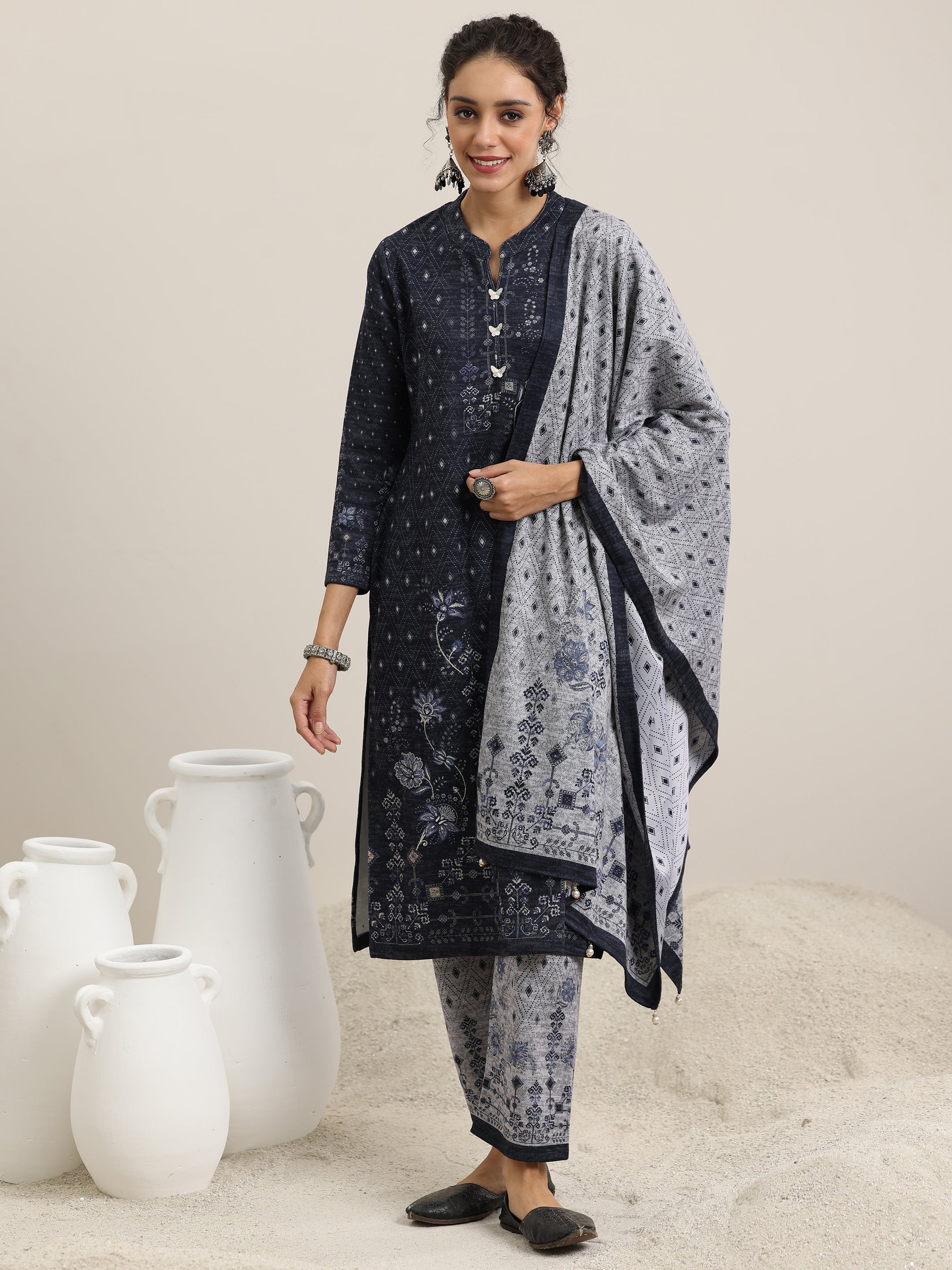 Grey Printed Wool Blend Straight Suit With Dupatta