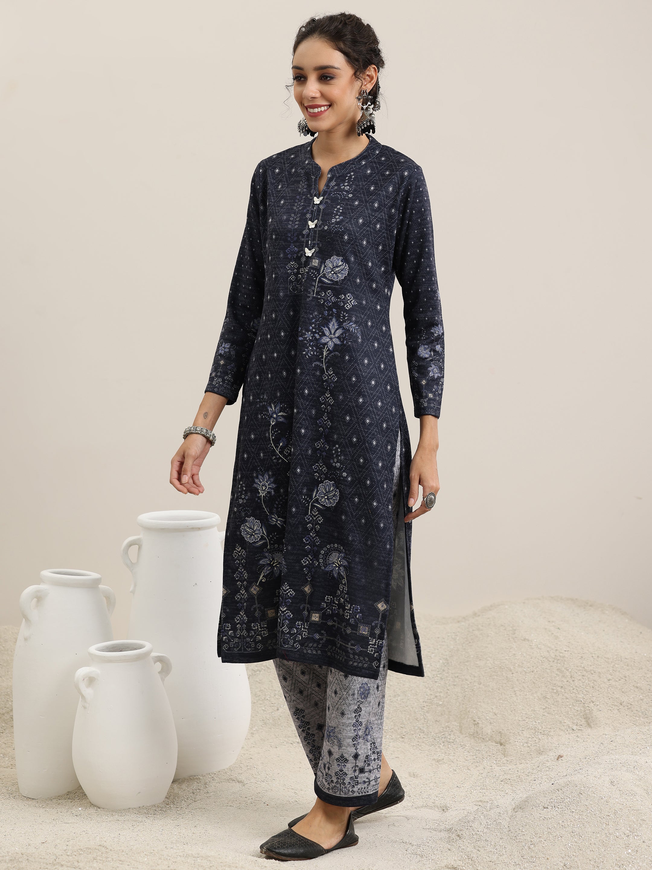 Grey Printed Wool Blend Straight Suit With Dupatta