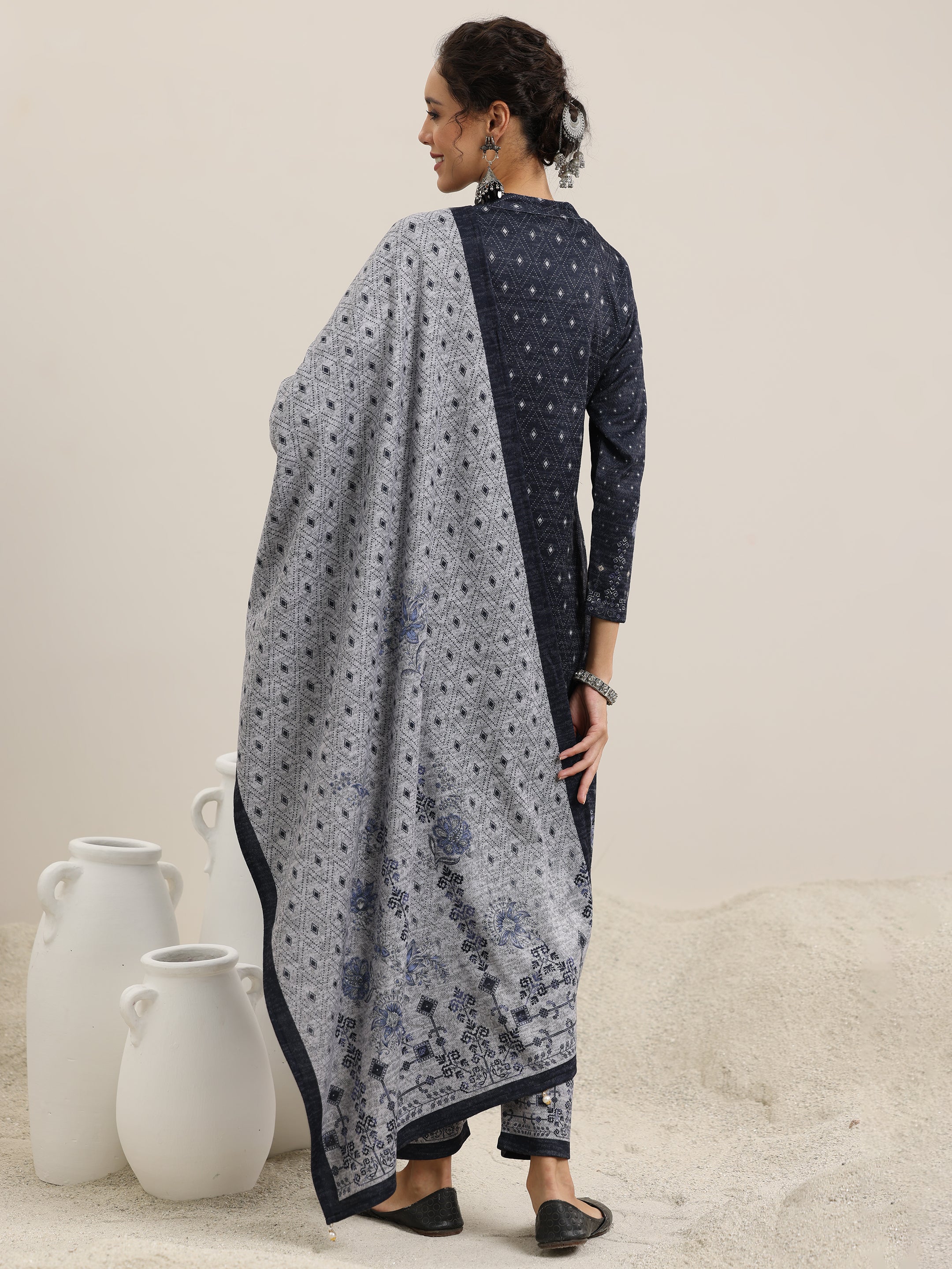 Grey Printed Wool Blend Straight Suit With Dupatta