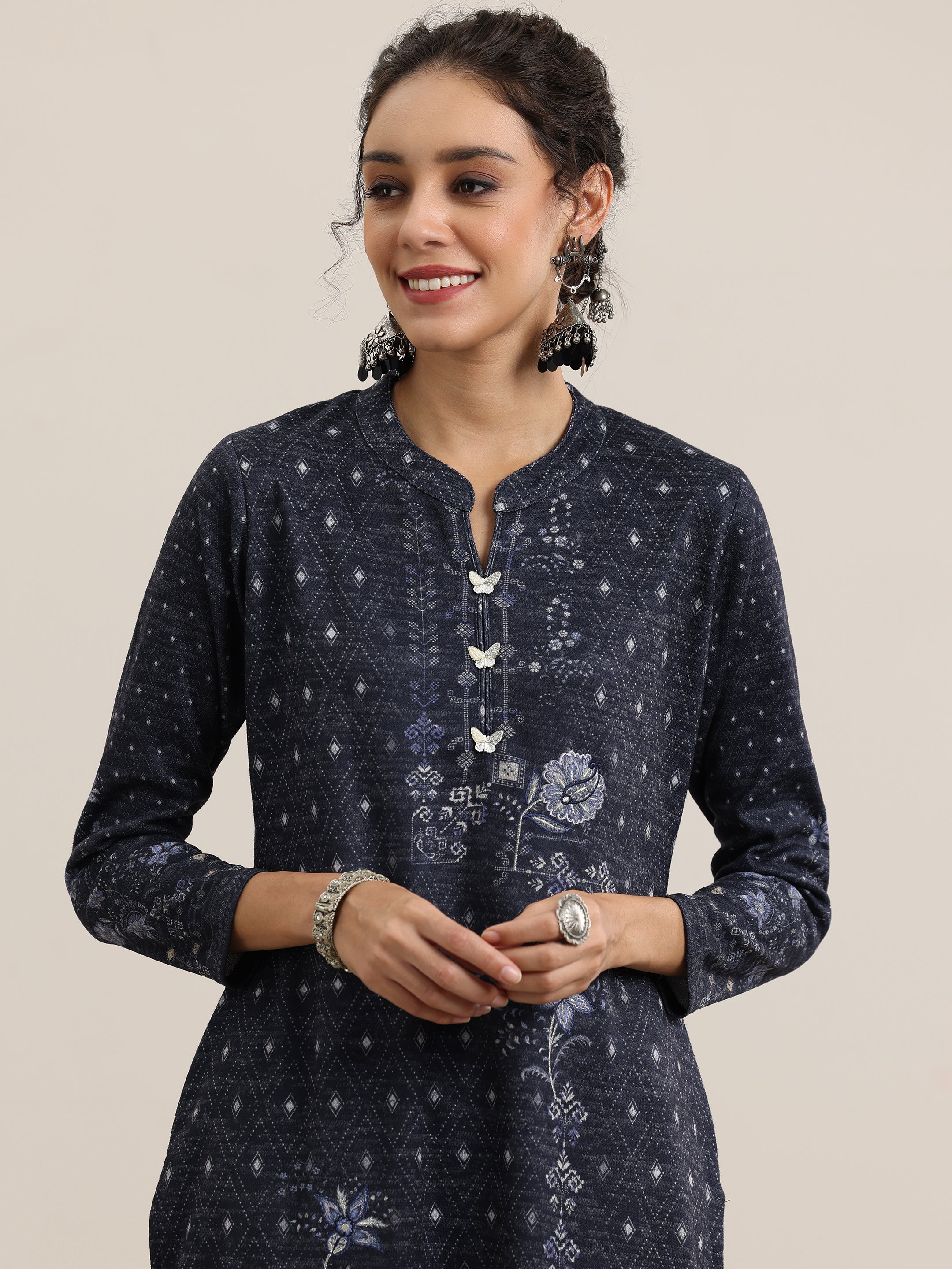 Grey Printed Wool Blend Straight Suit With Dupatta