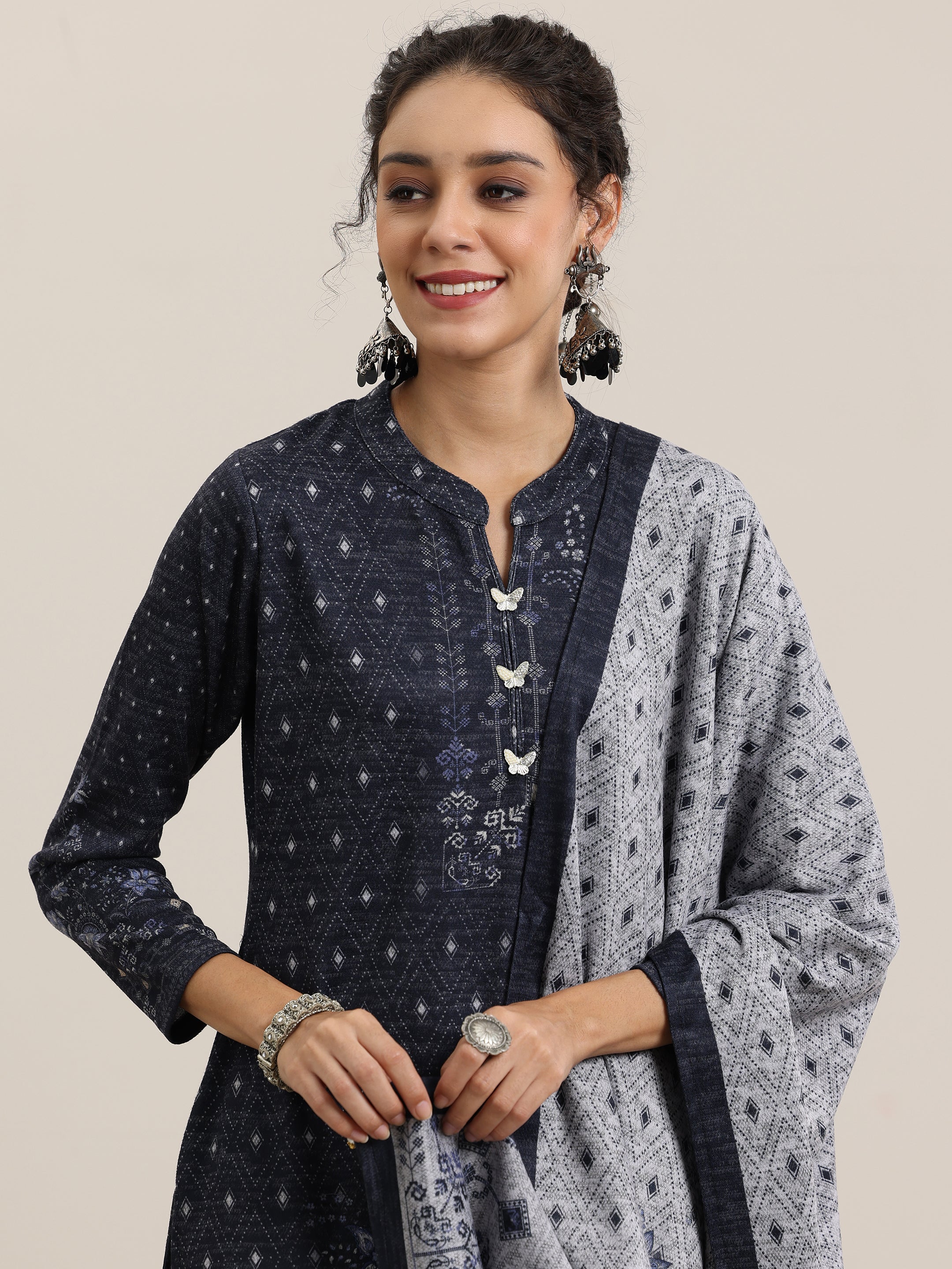 Grey Printed Wool Blend Straight Suit With Dupatta