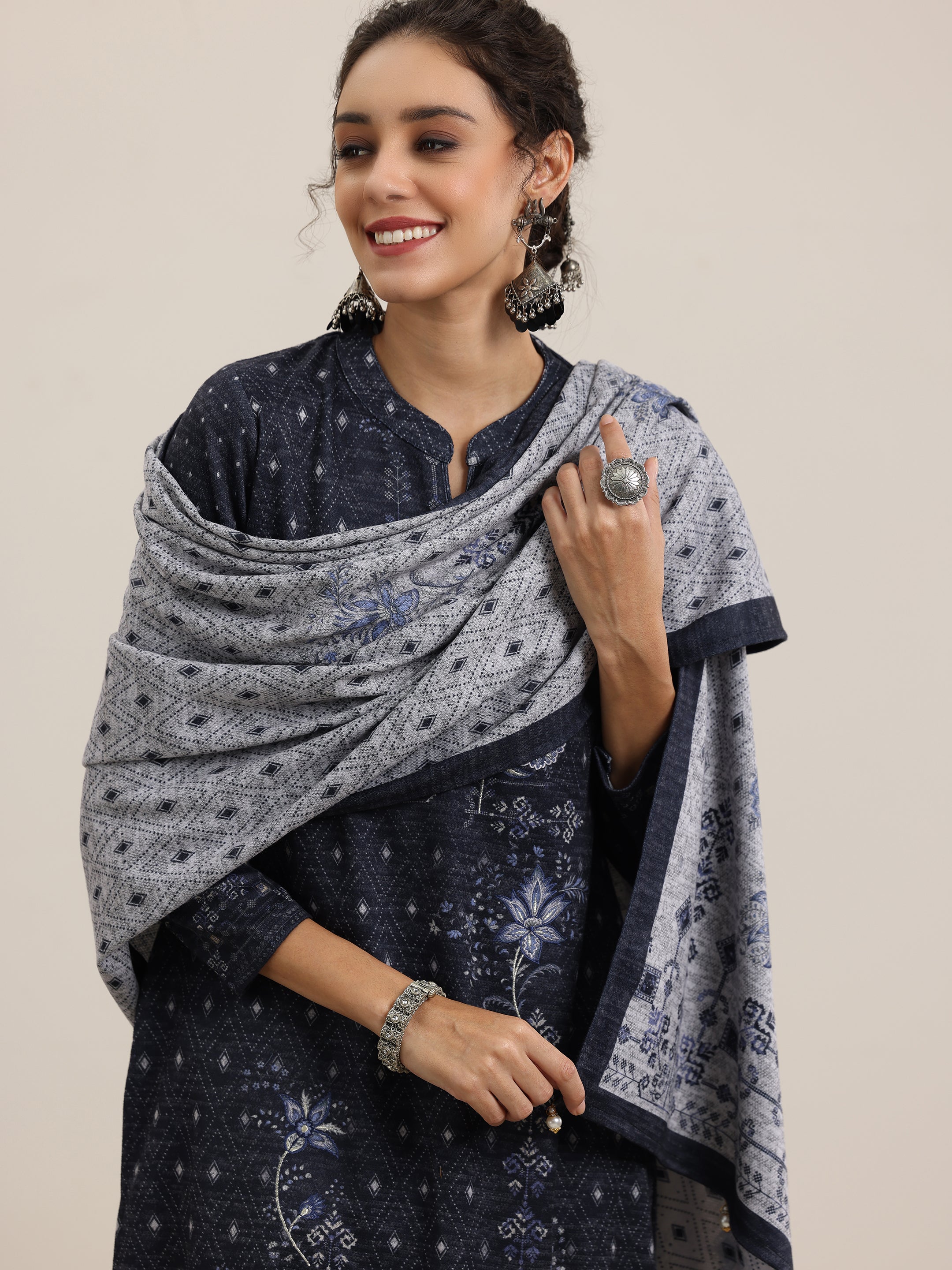 Grey Printed Wool Blend Straight Suit With Dupatta