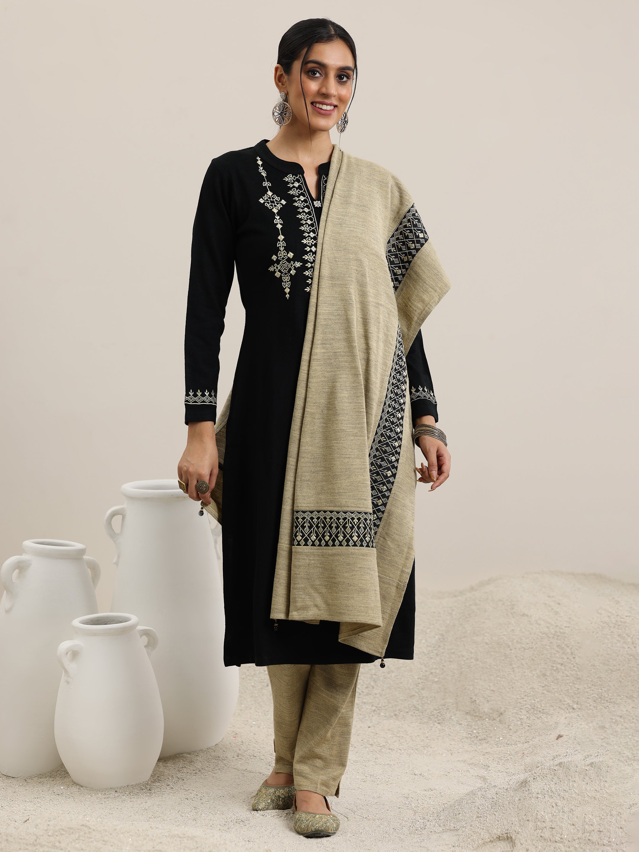 Black Yoke Design Wool Blend Straight Suit With Dupatta