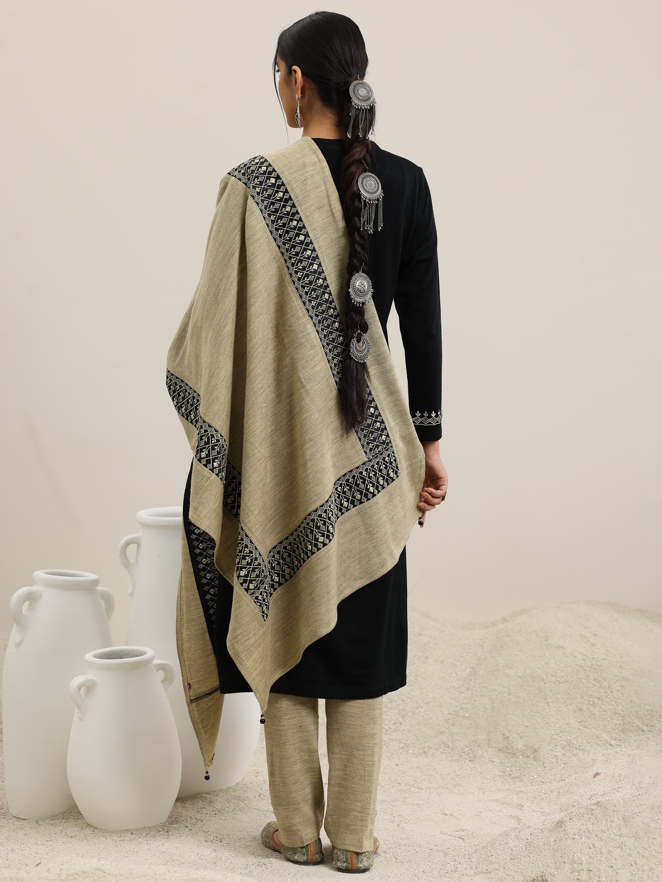 Black Yoke Design Wool Blend Straight Suit With Dupatta