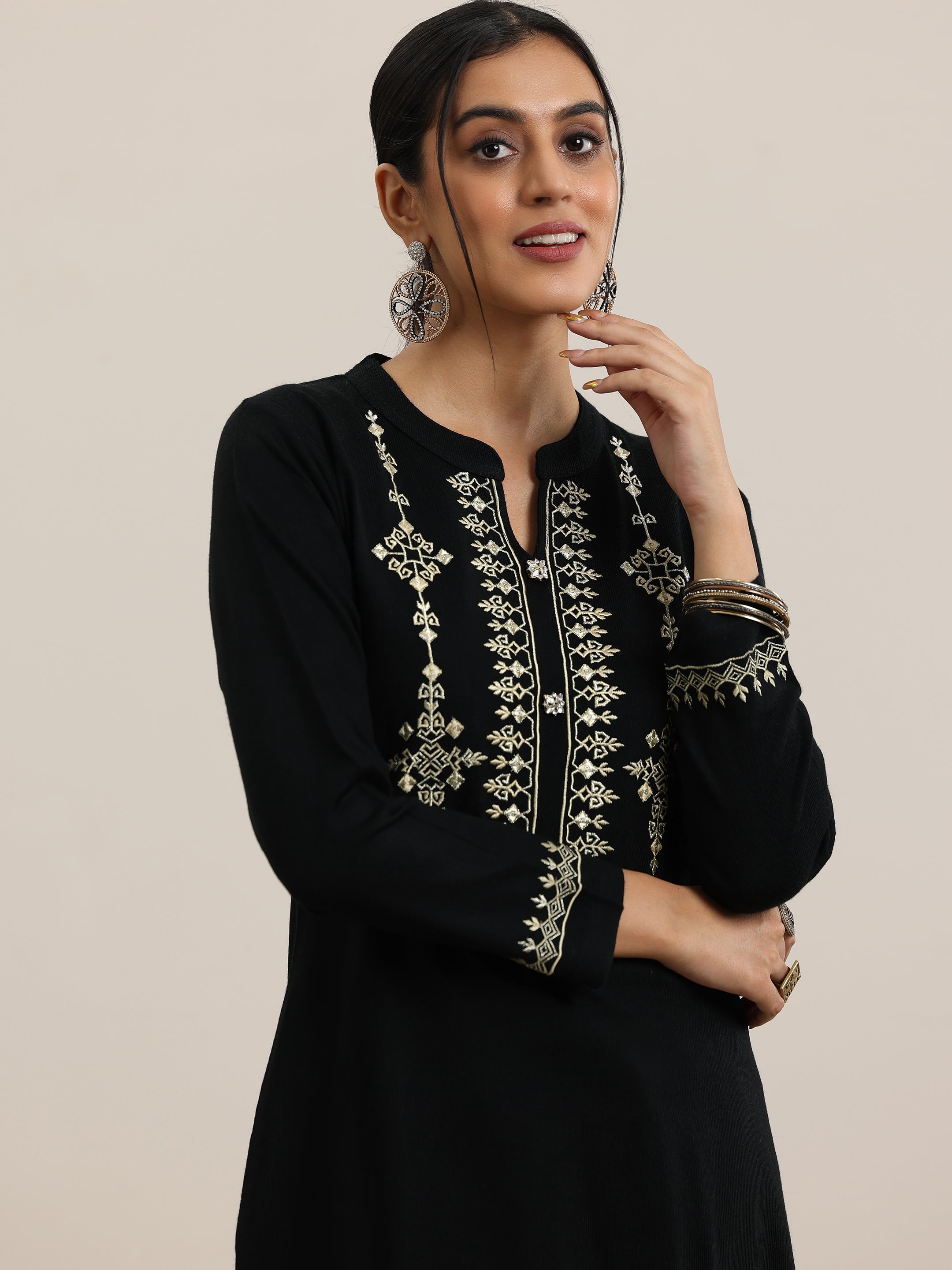 Black Yoke Design Wool Blend Straight Suit With Dupatta