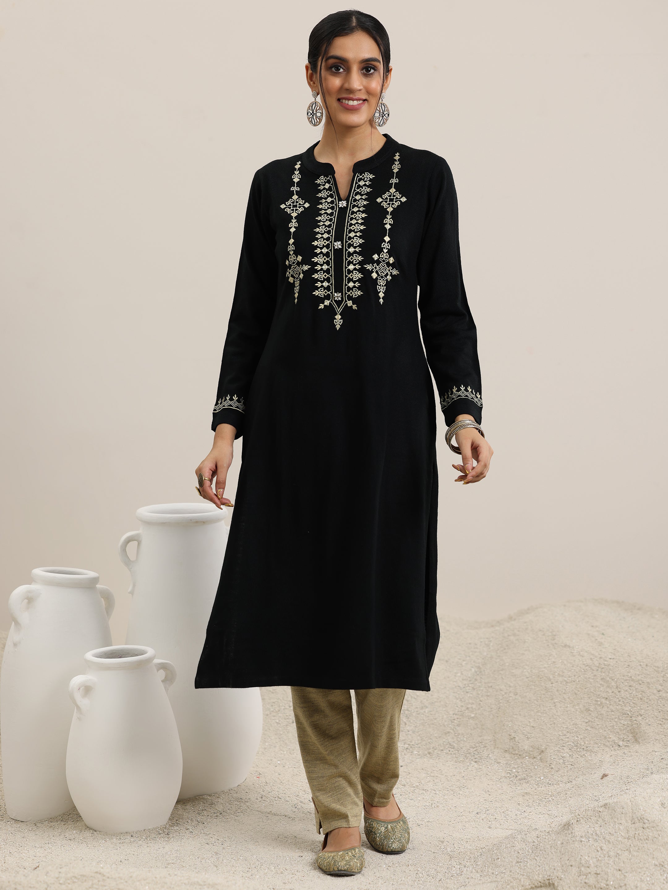 Black Yoke Design Wool Blend Straight Suit With Dupatta