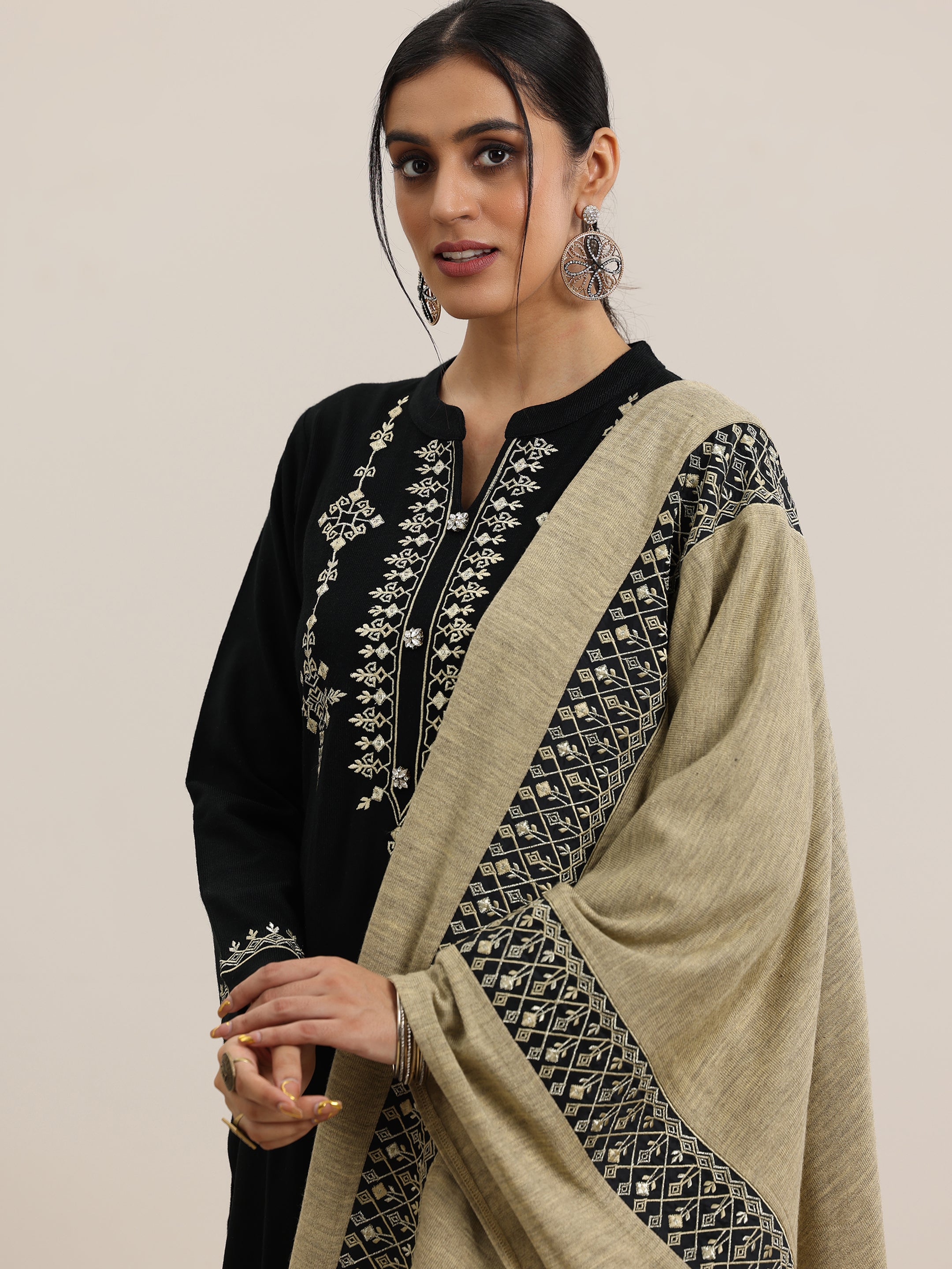 Black Yoke Design Wool Blend Straight Suit With Dupatta