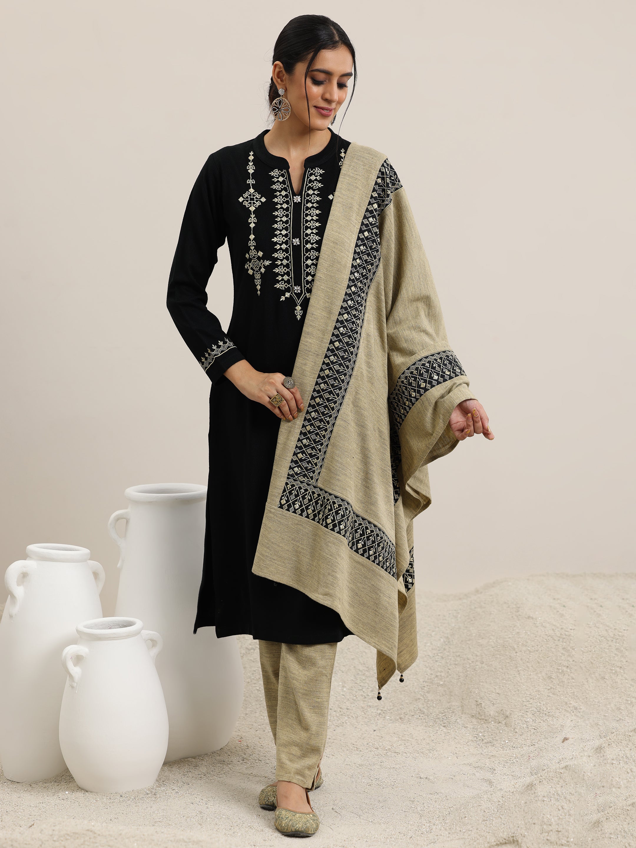 Black Yoke Design Wool Blend Straight Suit With Dupatta