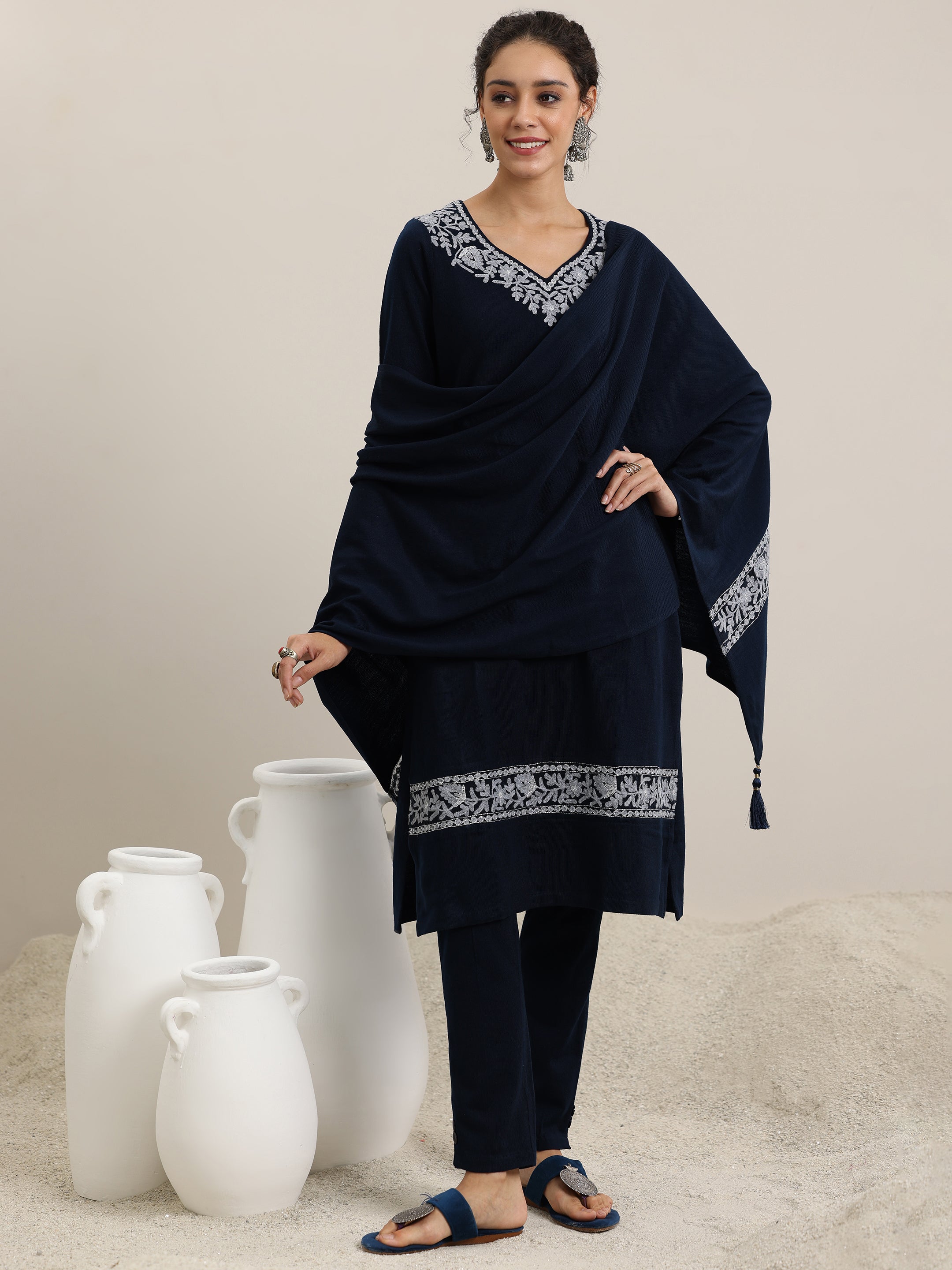 Blue Embroidered Wool Blend Straight Suit With Dupatta