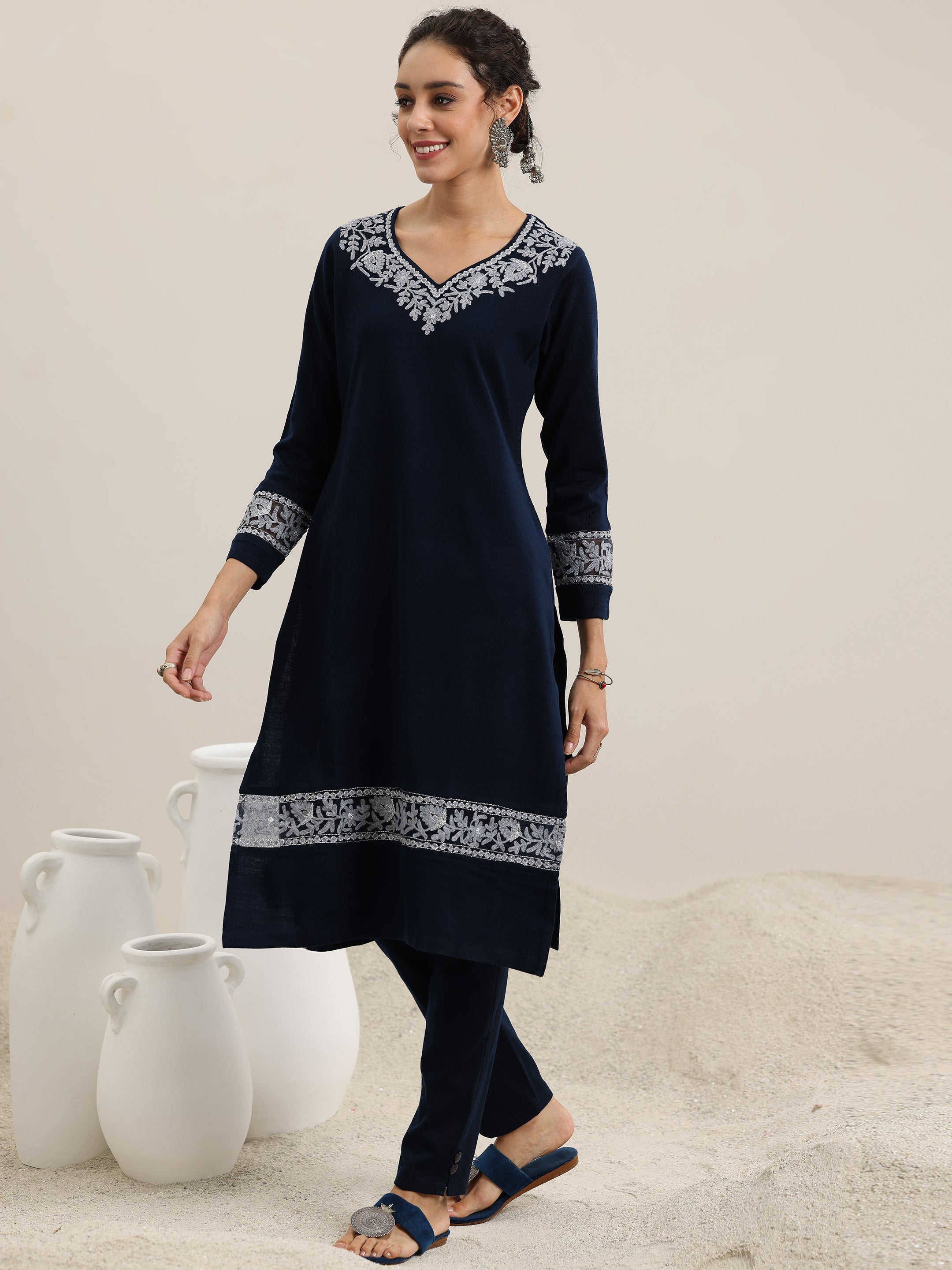 Blue Embroidered Wool Blend Straight Suit With Dupatta