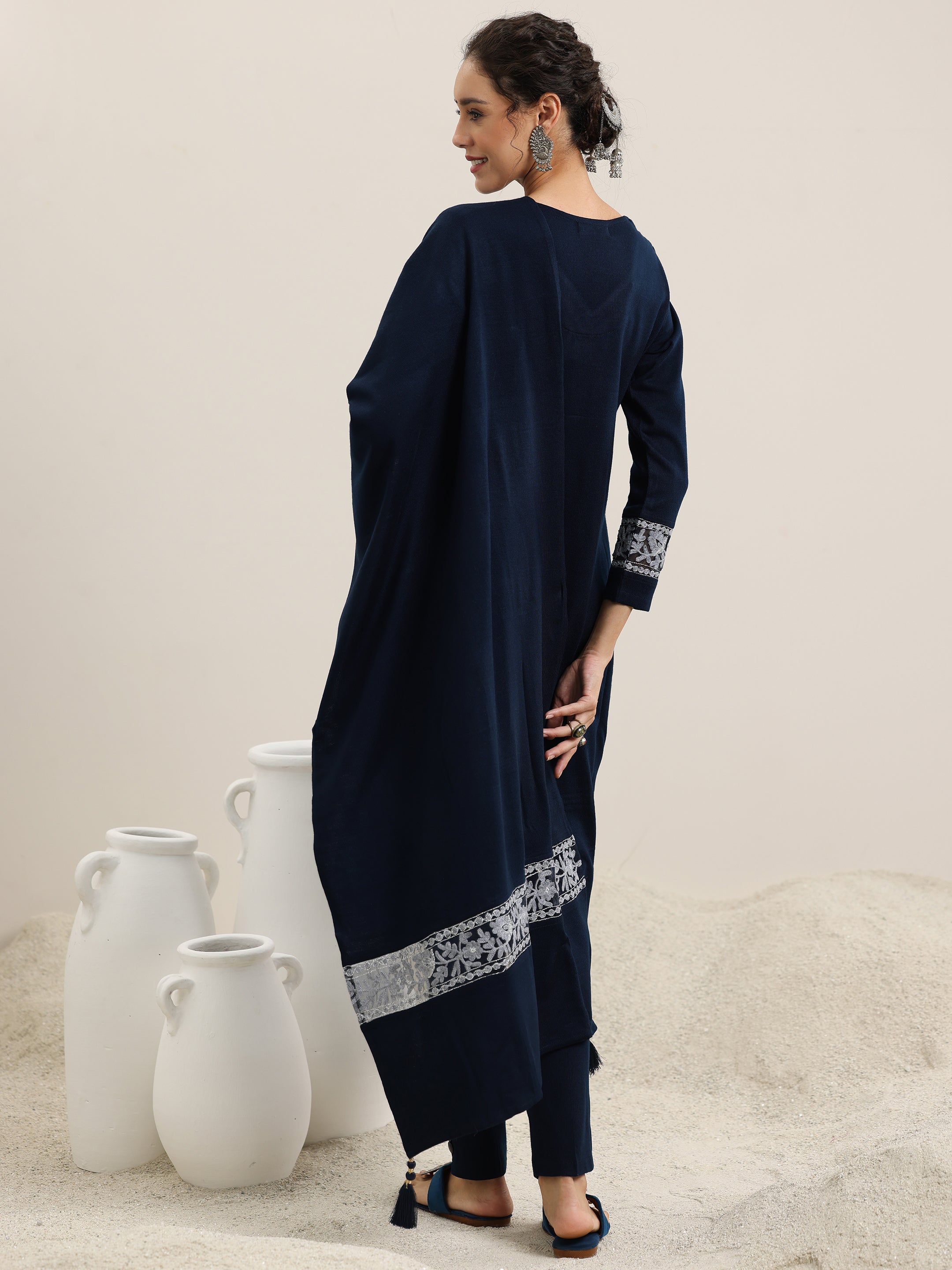 Blue Embroidered Wool Blend Straight Suit With Dupatta