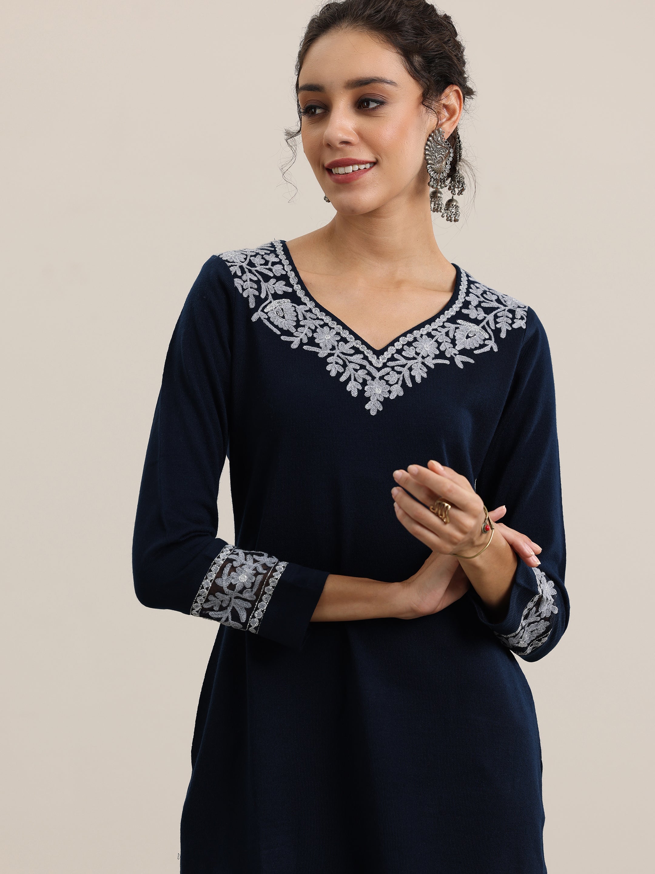 Blue Embroidered Wool Blend Straight Suit With Dupatta