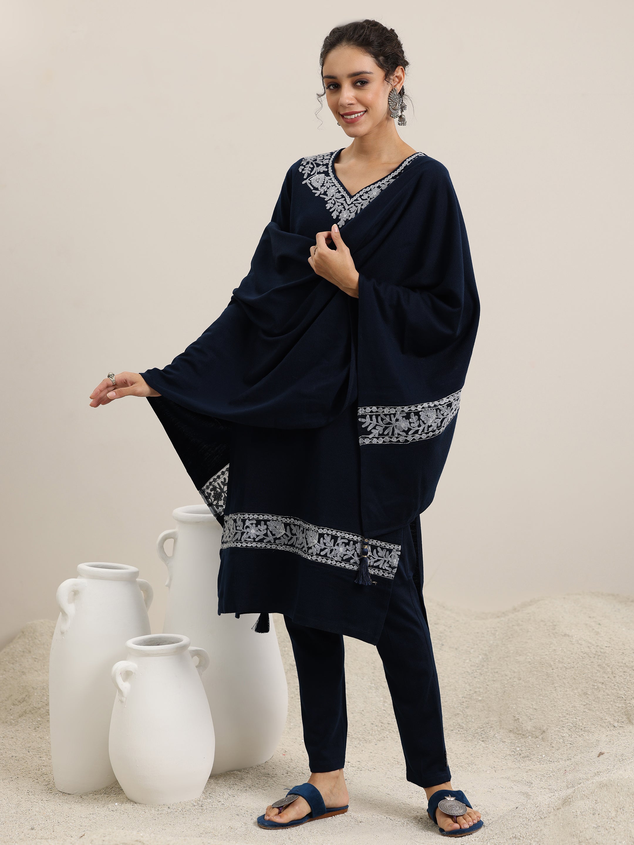 Blue Embroidered Wool Blend Straight Suit With Dupatta