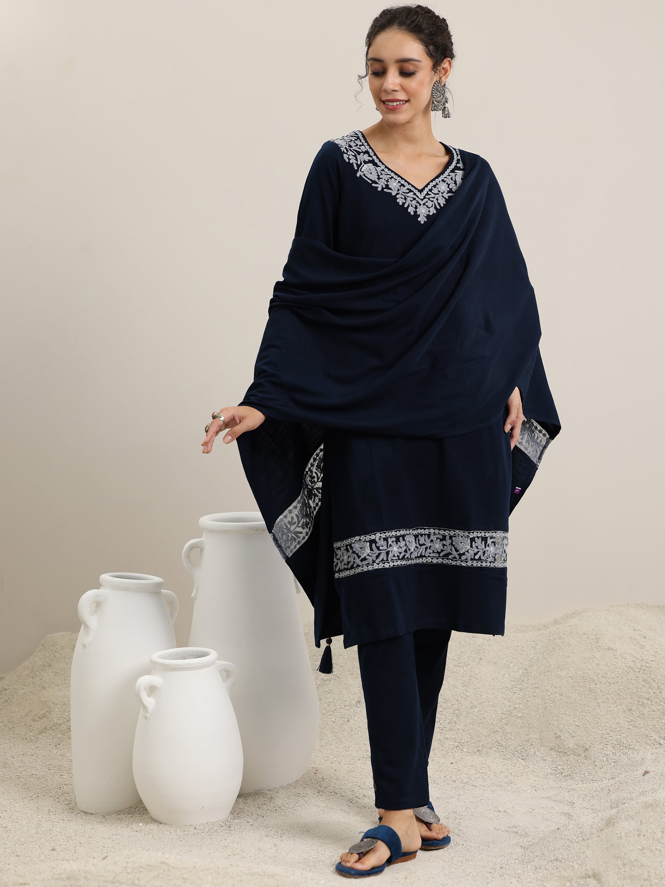 Blue Embroidered Wool Blend Straight Suit With Dupatta