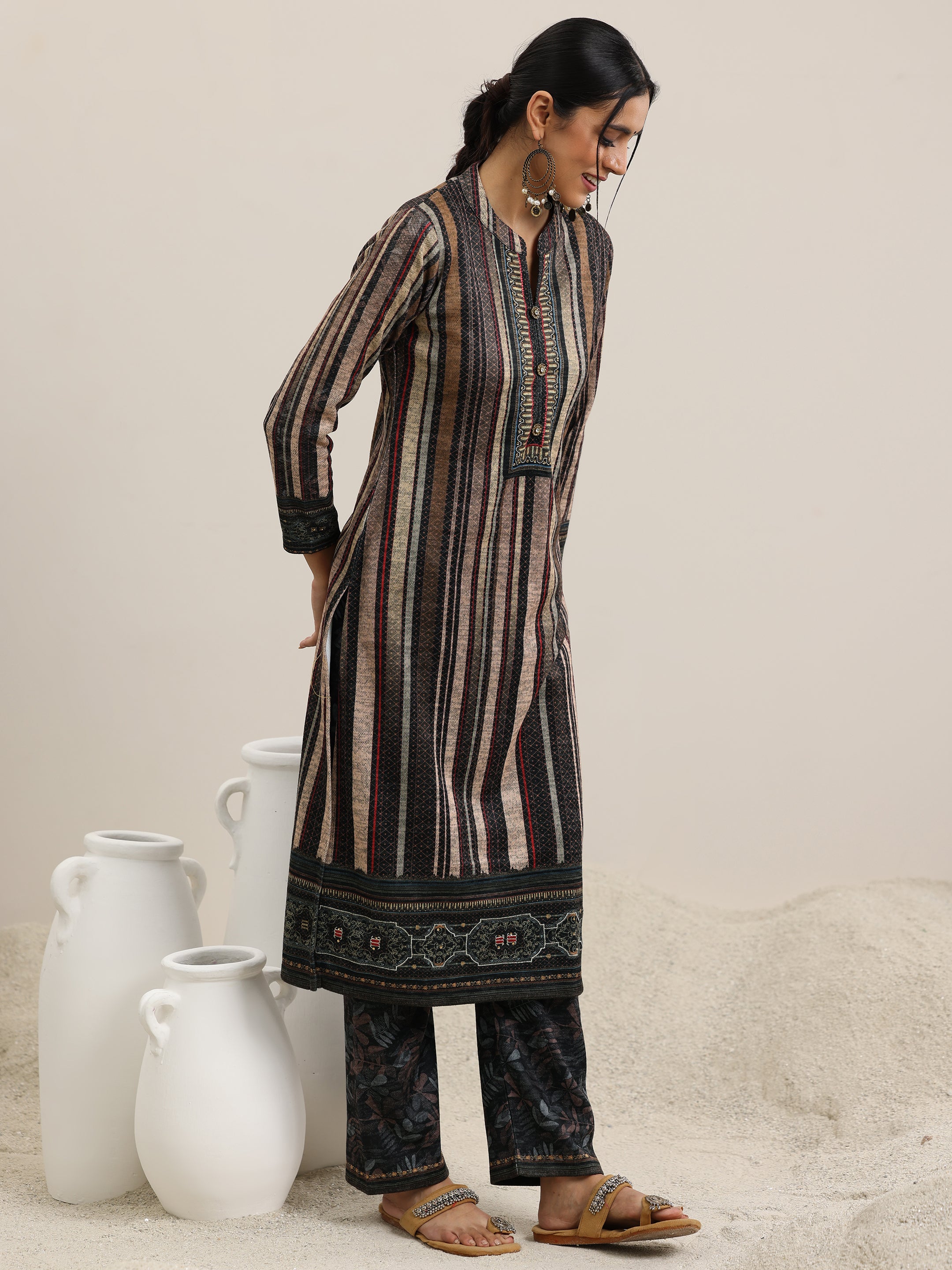 Grey Printed Wool Blend Straight Suit With Dupatta