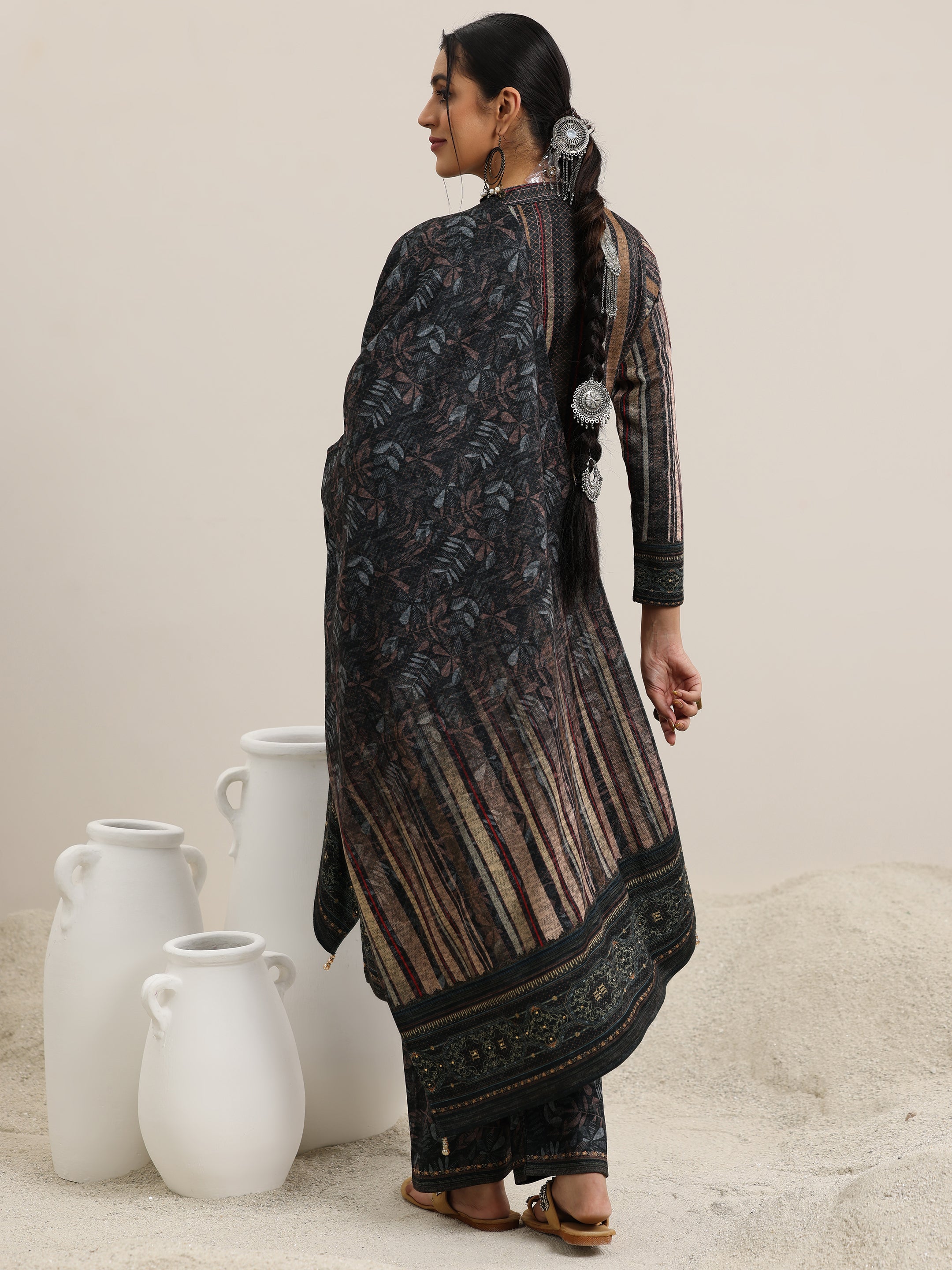 Grey Printed Wool Blend Straight Suit With Dupatta