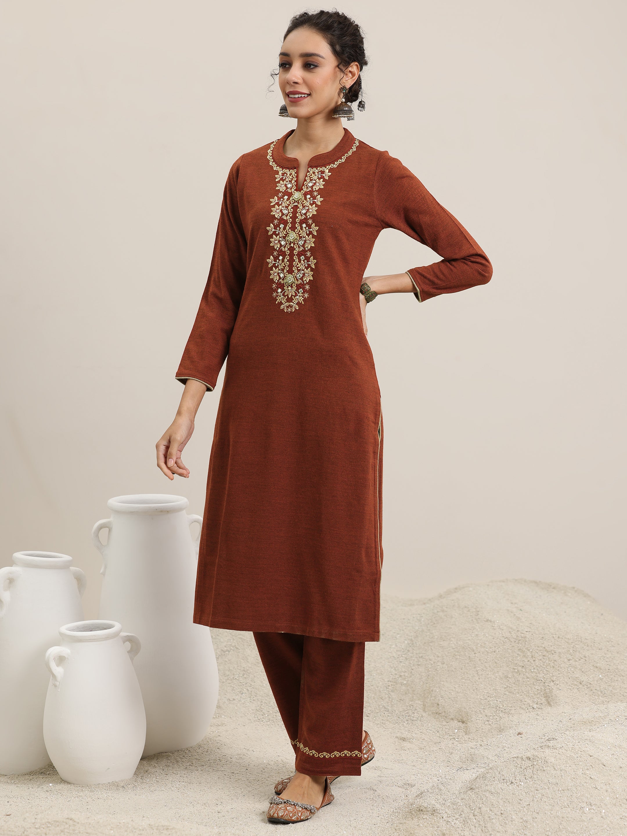 Rust Yoke Design Wool Blend Straight Suit With Dupatta