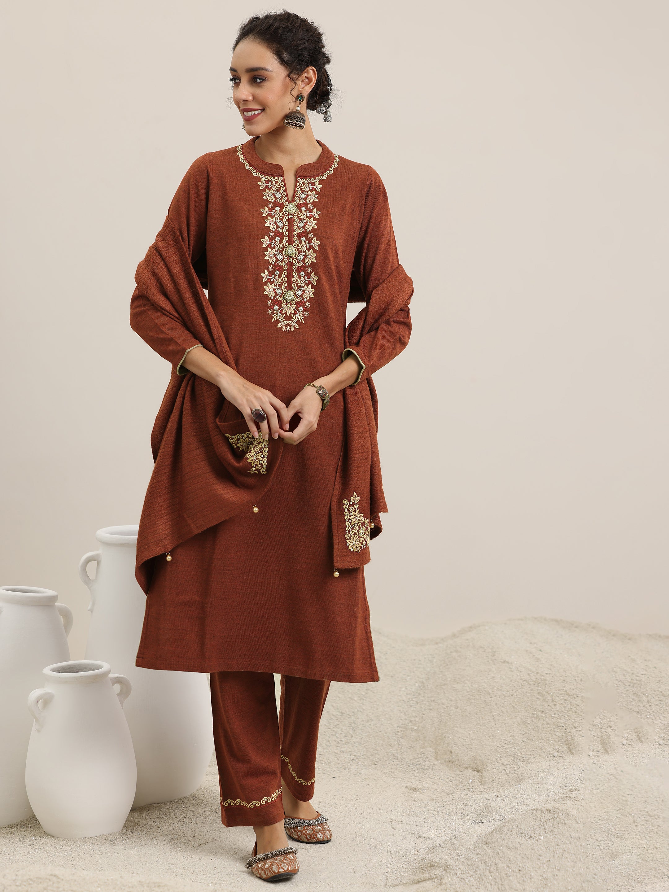 Rust Yoke Design Wool Blend Straight Suit With Dupatta