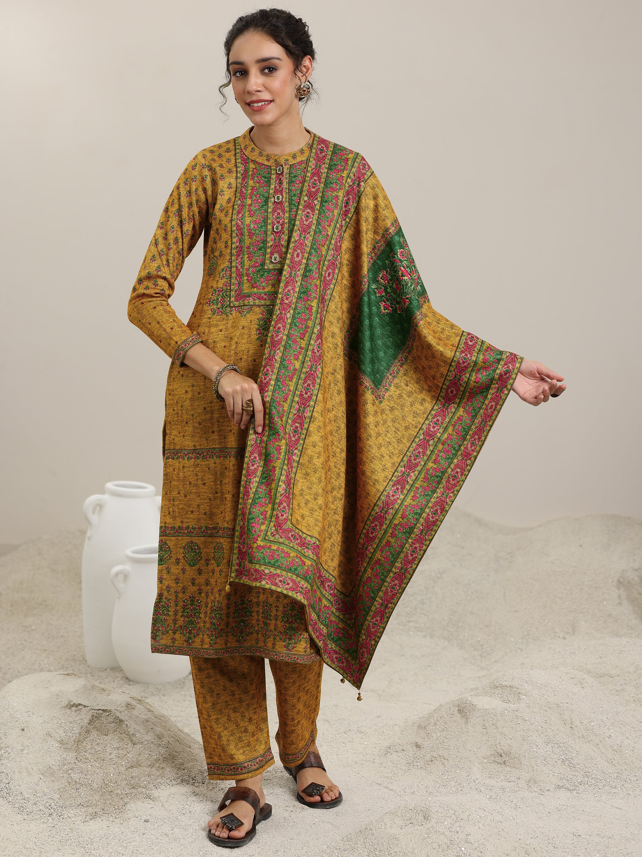 Mustard Printed Wool Blend Straight Suit With Dupatta