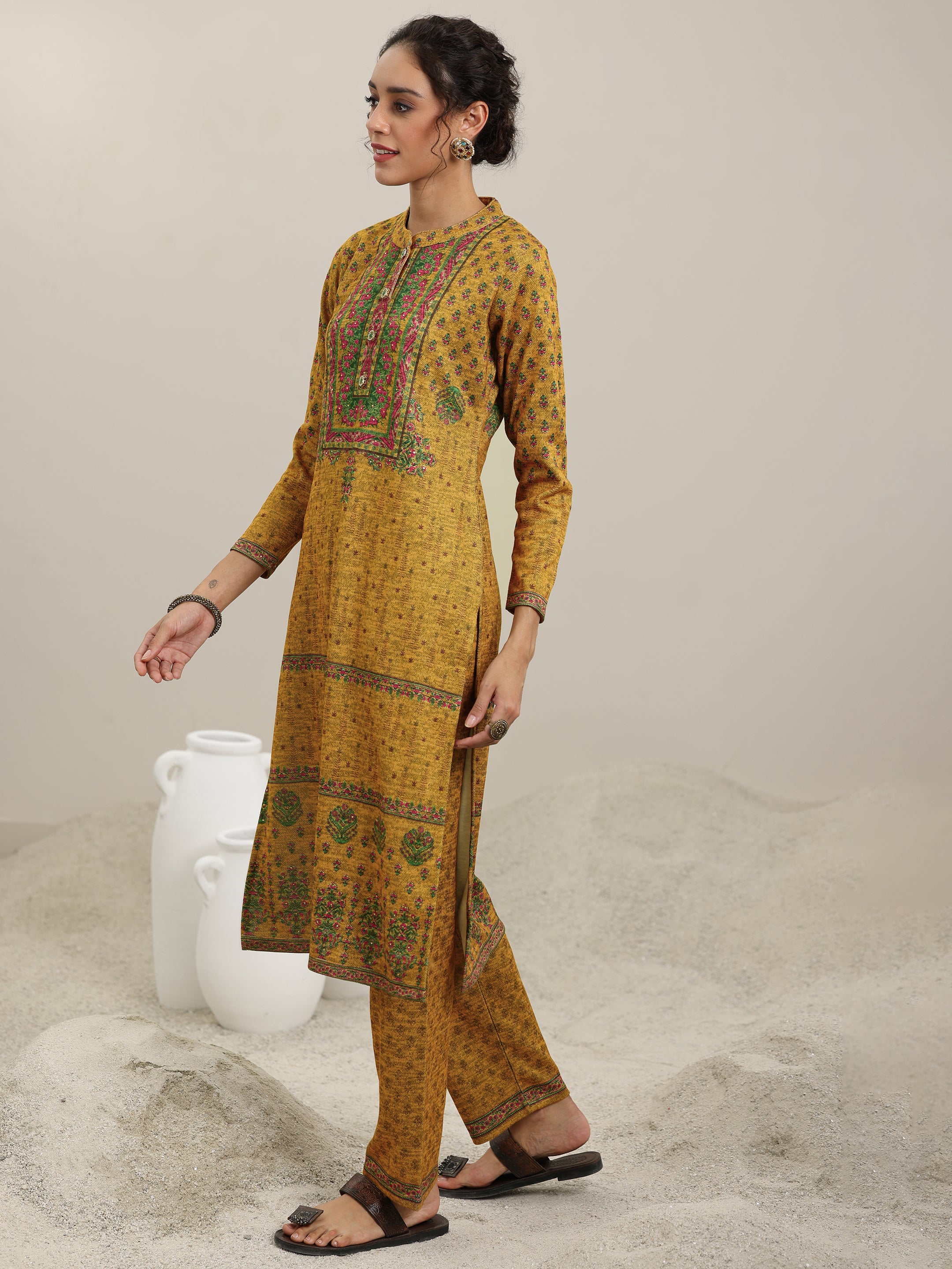 Mustard Printed Wool Blend Straight Suit With Dupatta