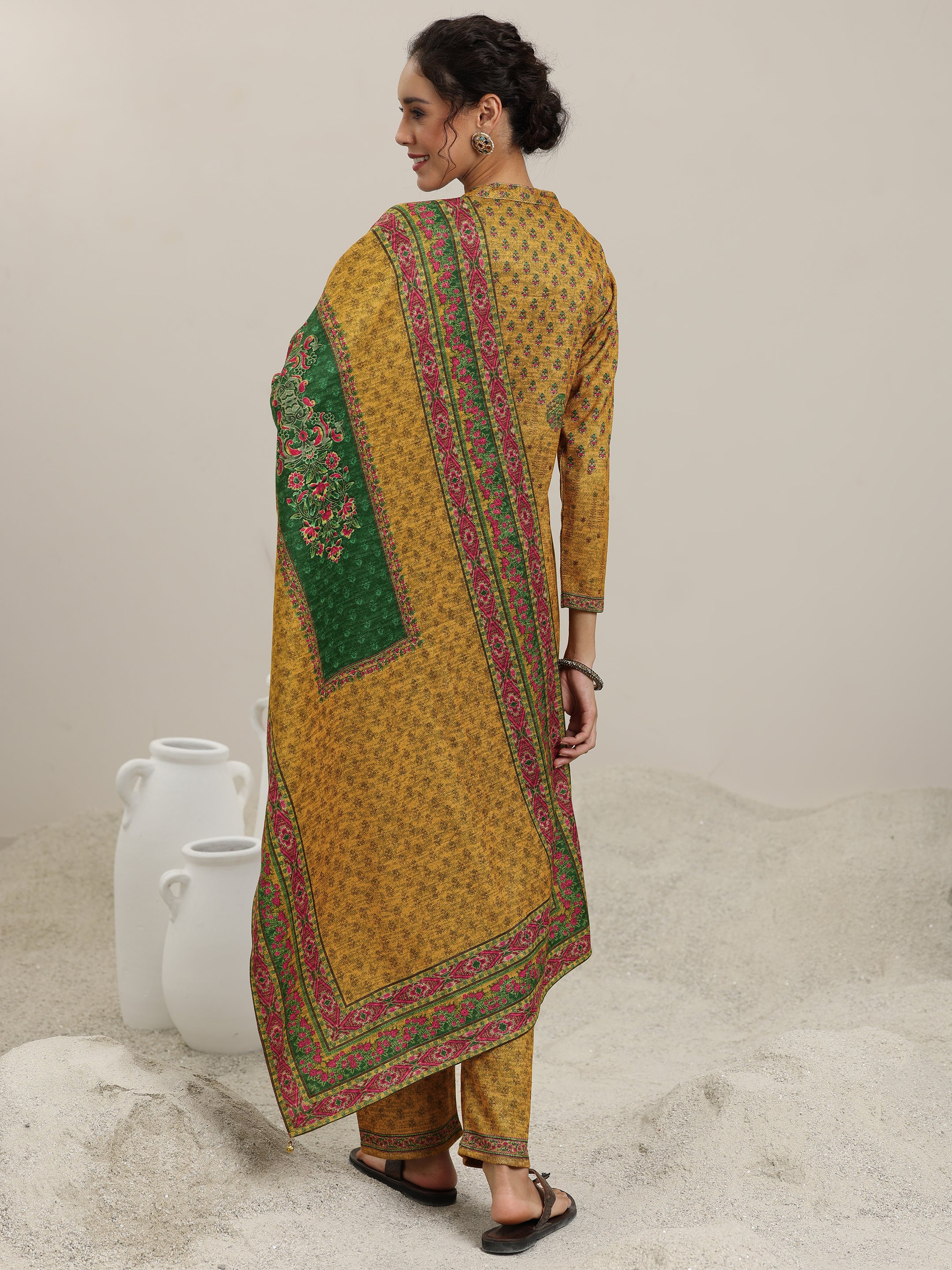 Mustard Printed Wool Blend Straight Suit With Dupatta