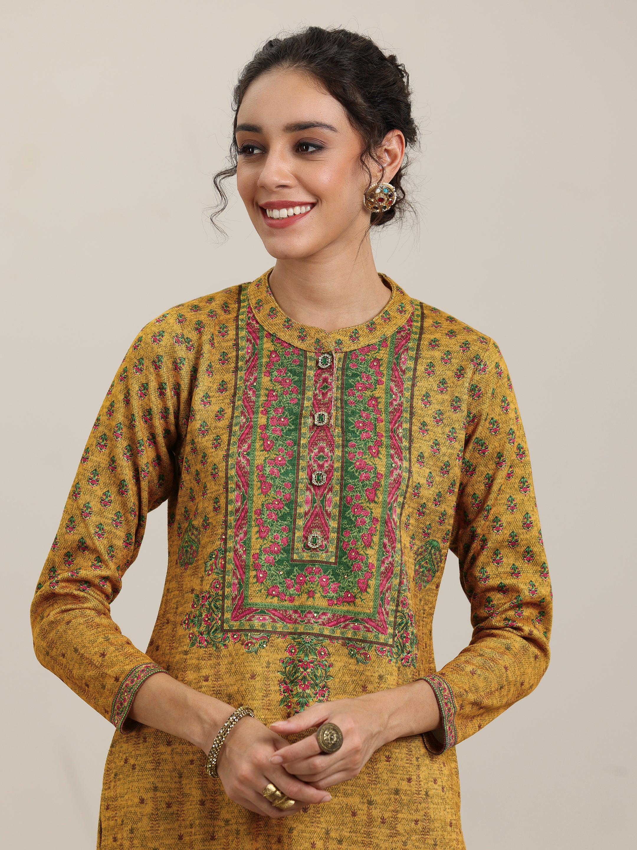 Mustard Printed Wool Blend Straight Suit With Dupatta