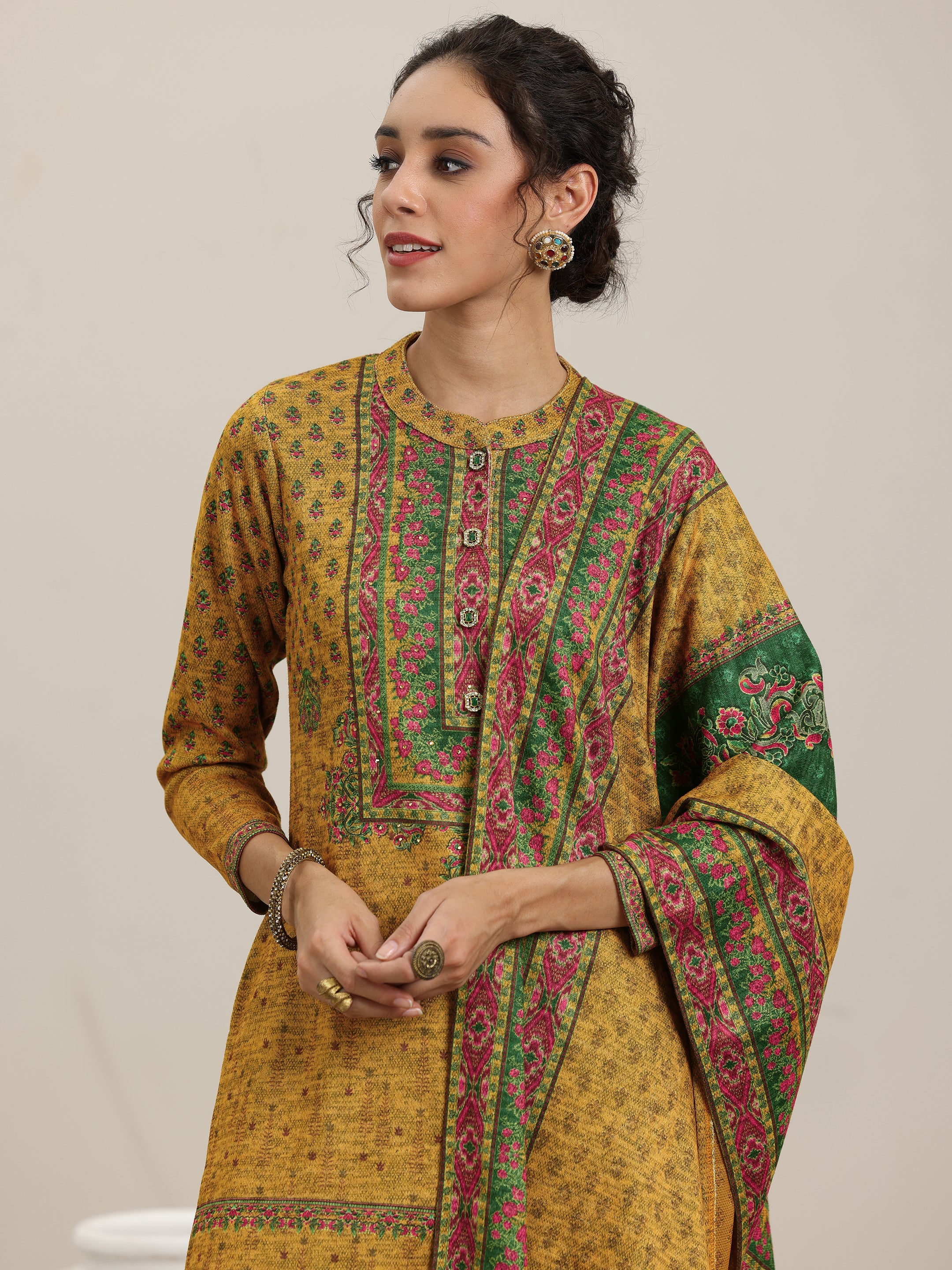 Mustard Printed Wool Blend Straight Suit With Dupatta