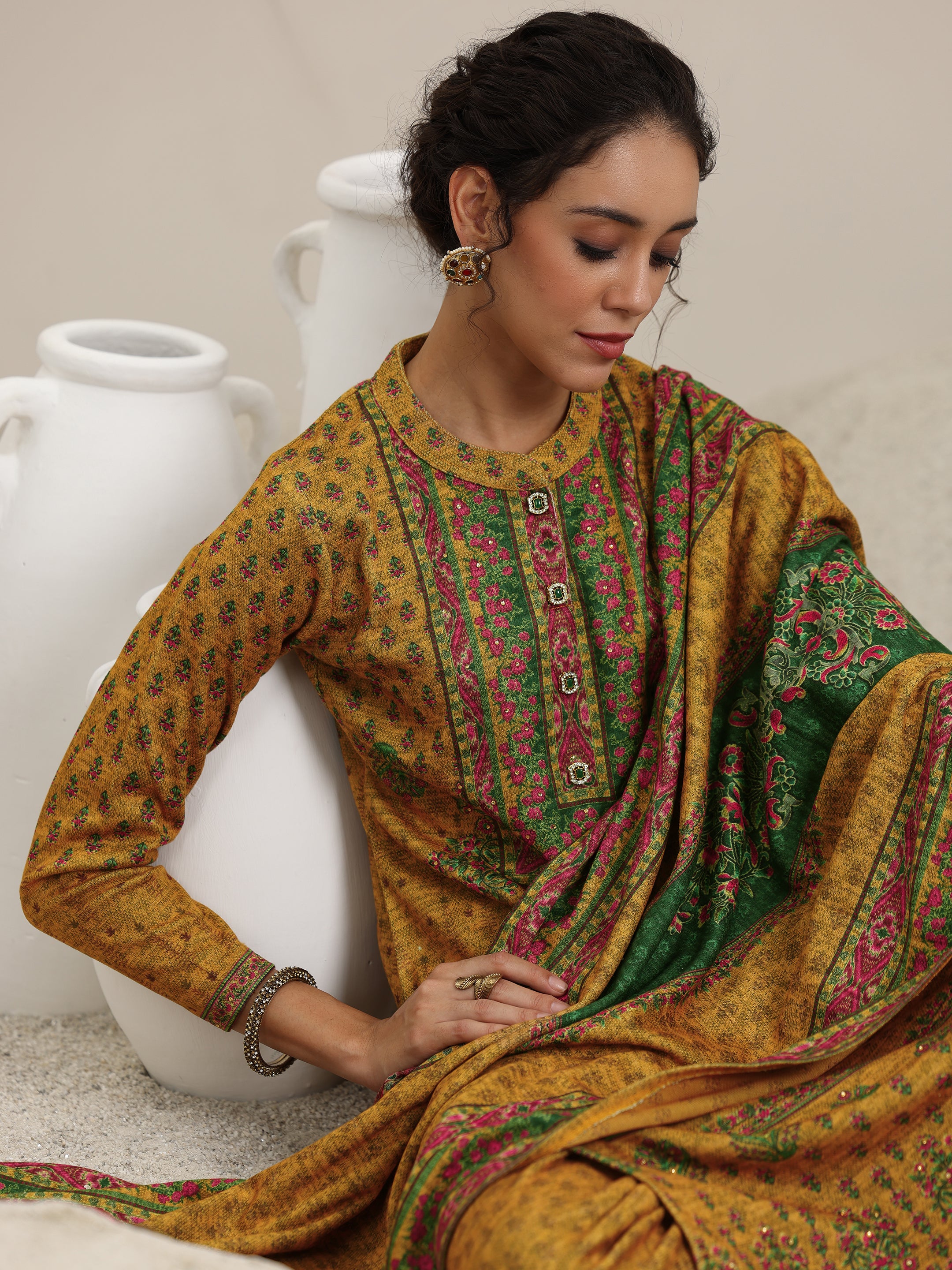 Mustard Printed Wool Blend Straight Suit With Dupatta