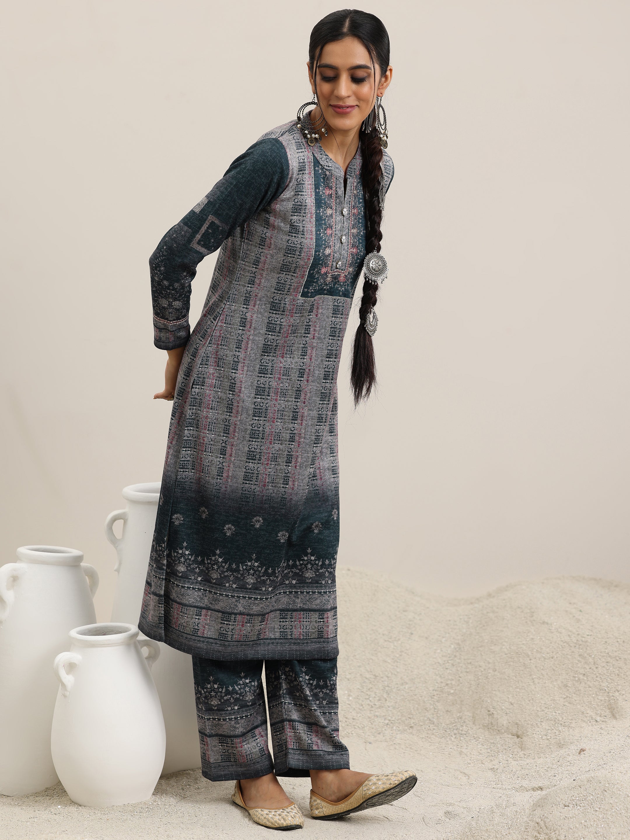 Grey Printed Wool Blend Straight Suit With Dupatta