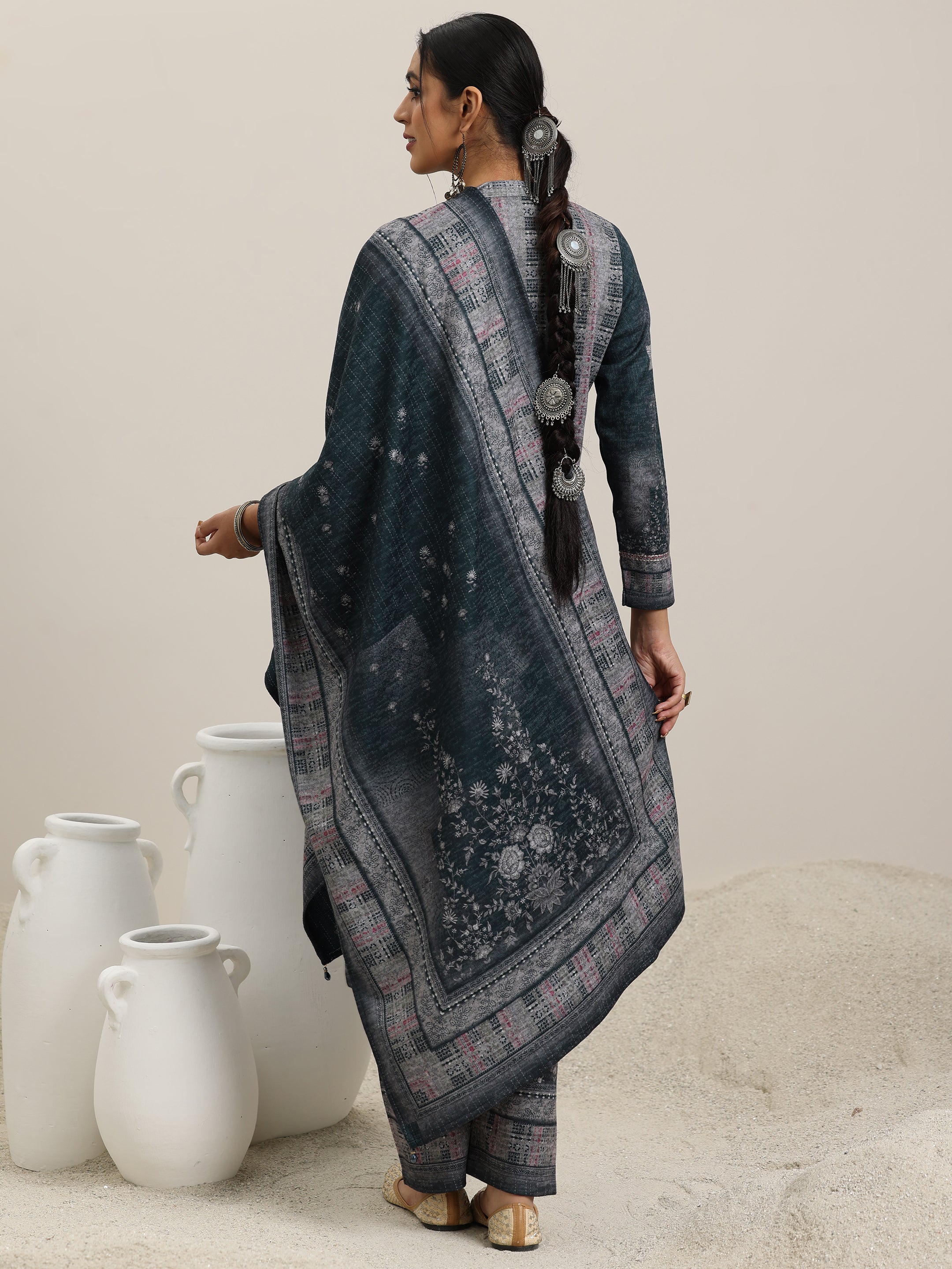 Grey Printed Wool Blend Straight Suit With Dupatta