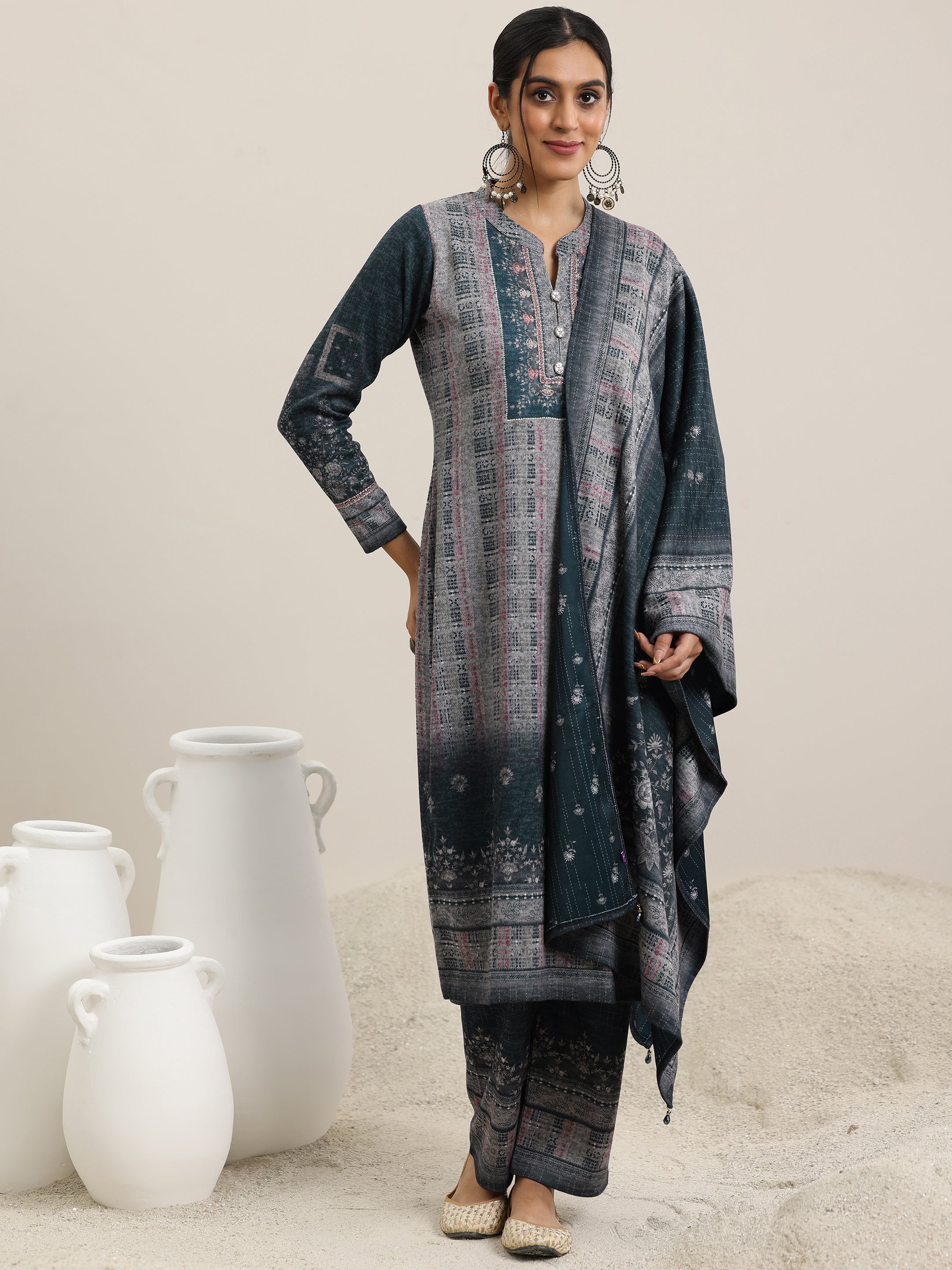 Grey Printed Wool Blend Straight Suit With Dupatta