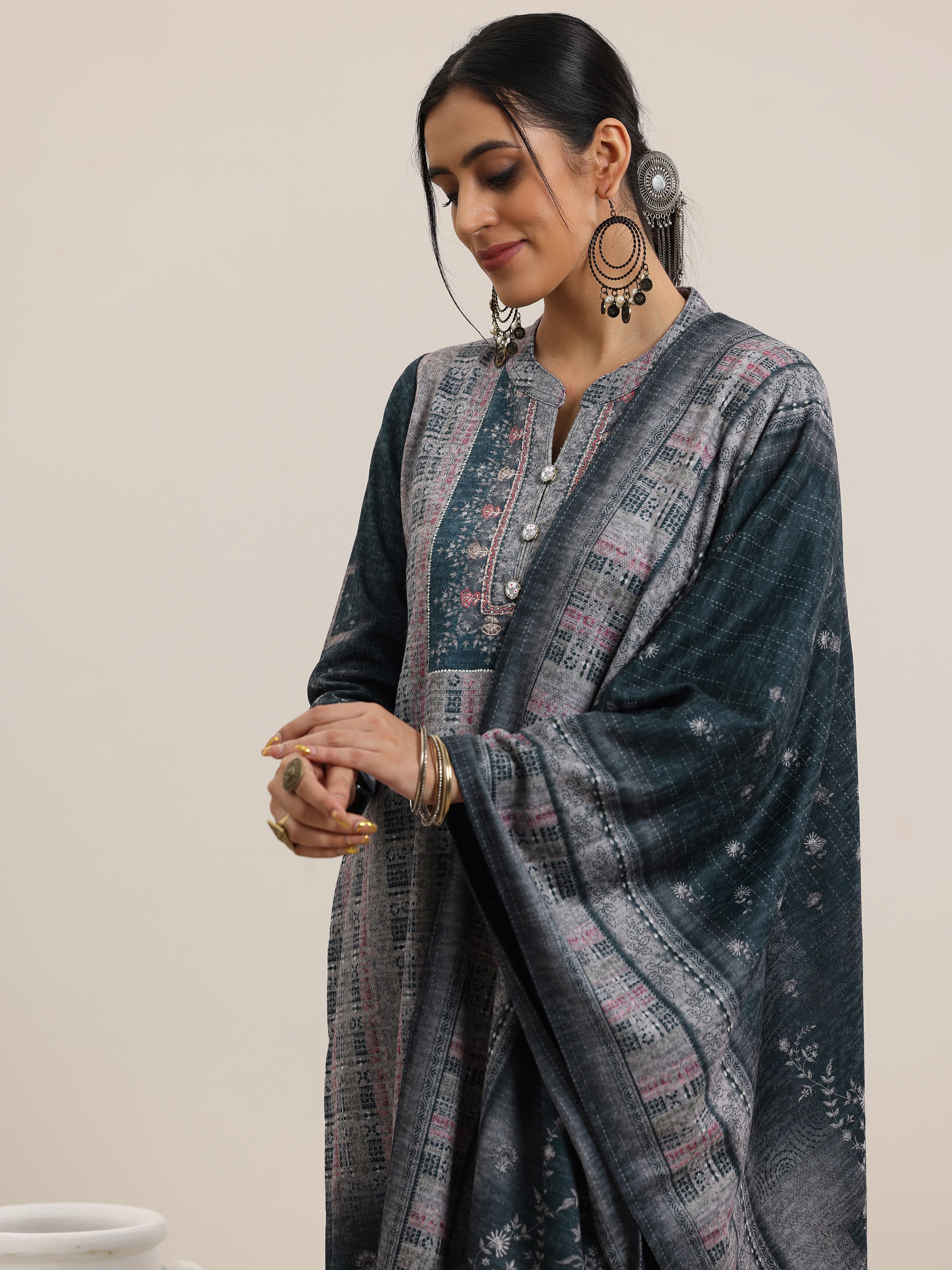 Grey Printed Wool Blend Straight Suit With Dupatta