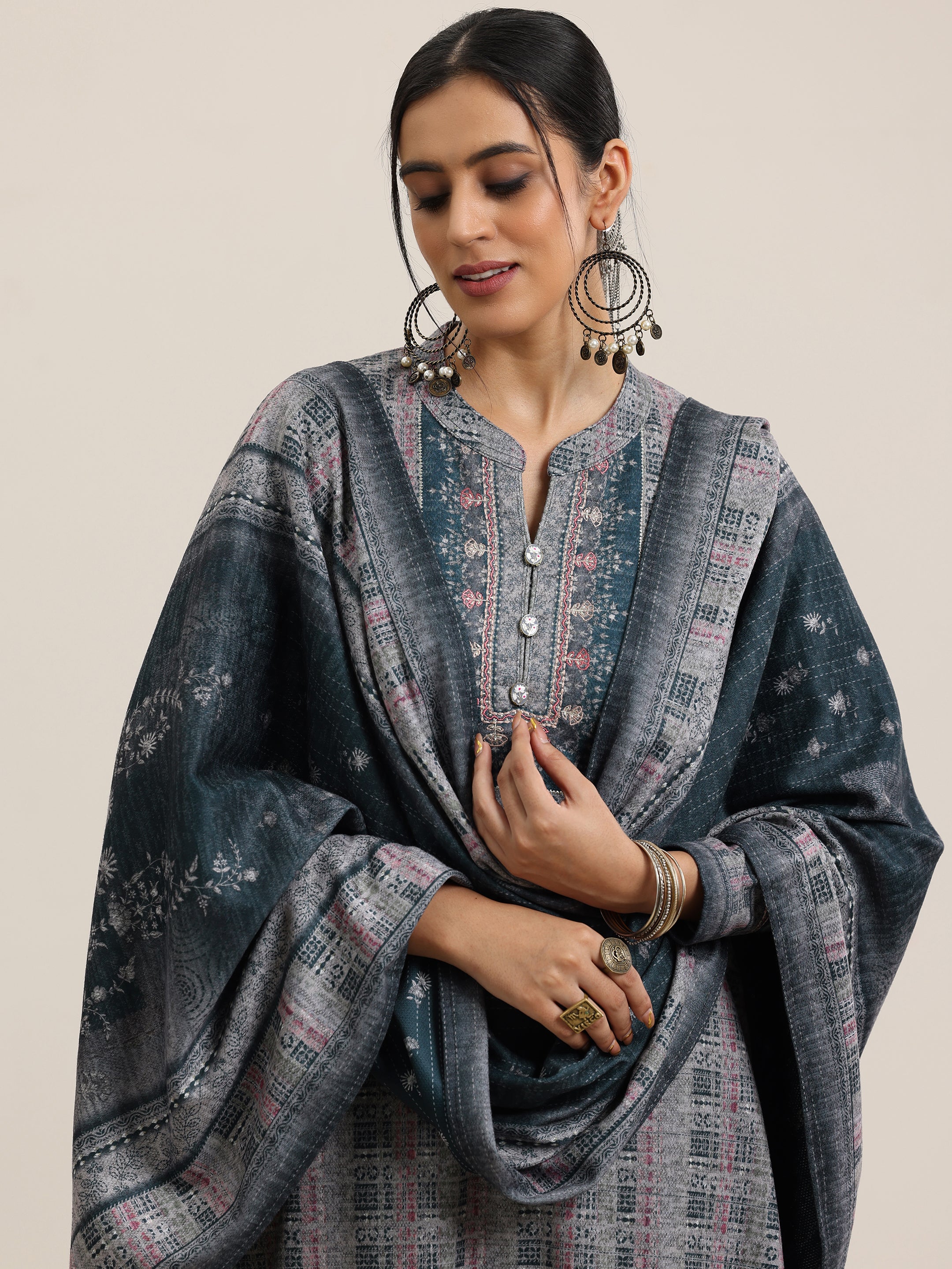 Grey Printed Wool Blend Straight Suit With Dupatta